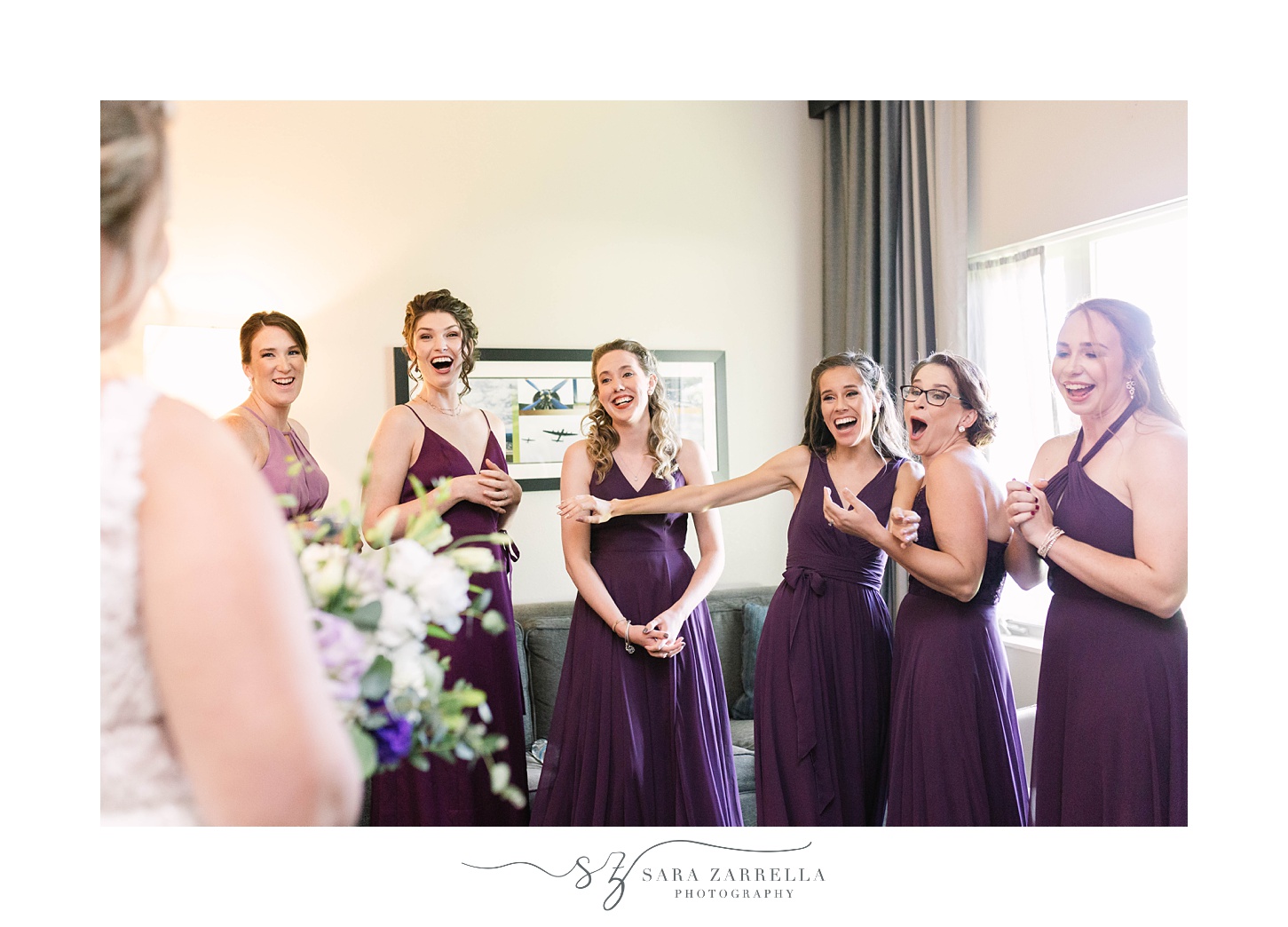 bridesmaids react to bride's wedding gown during first look