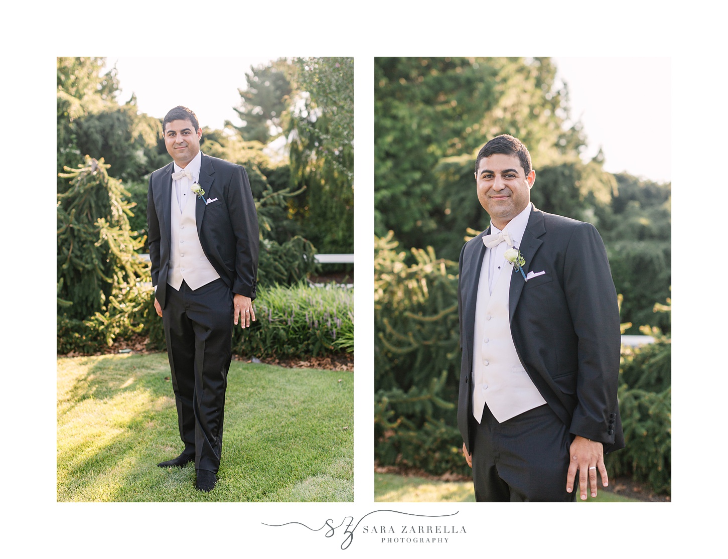 groom in classic black tux poses outside Quidnessett Country Club