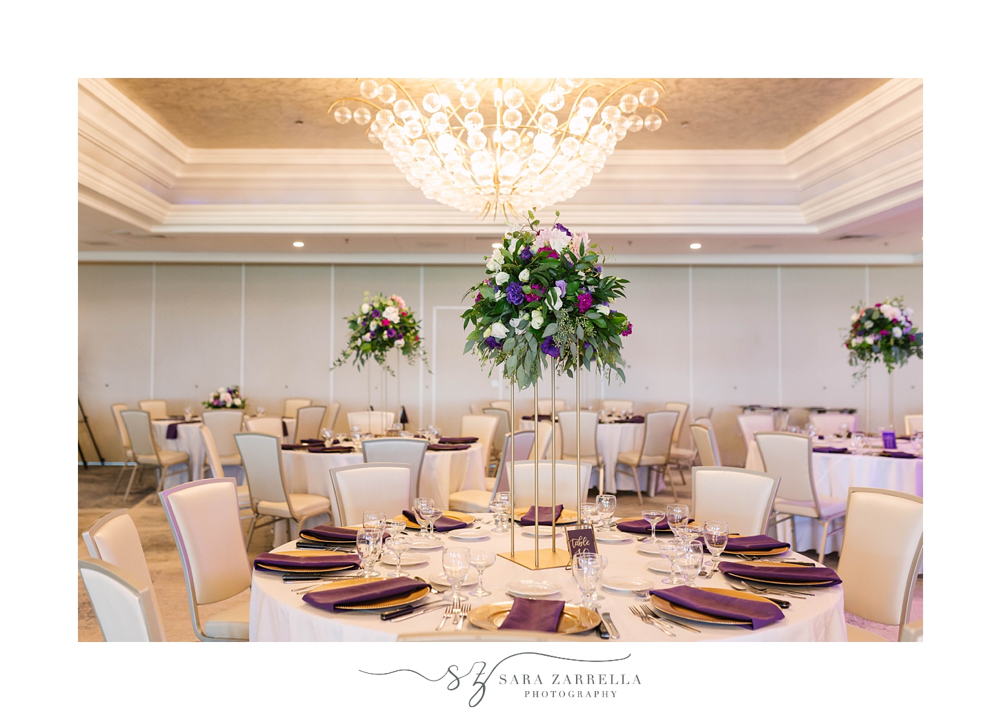 fall Quidnessett Country Club wedding reception with purple and gold details 