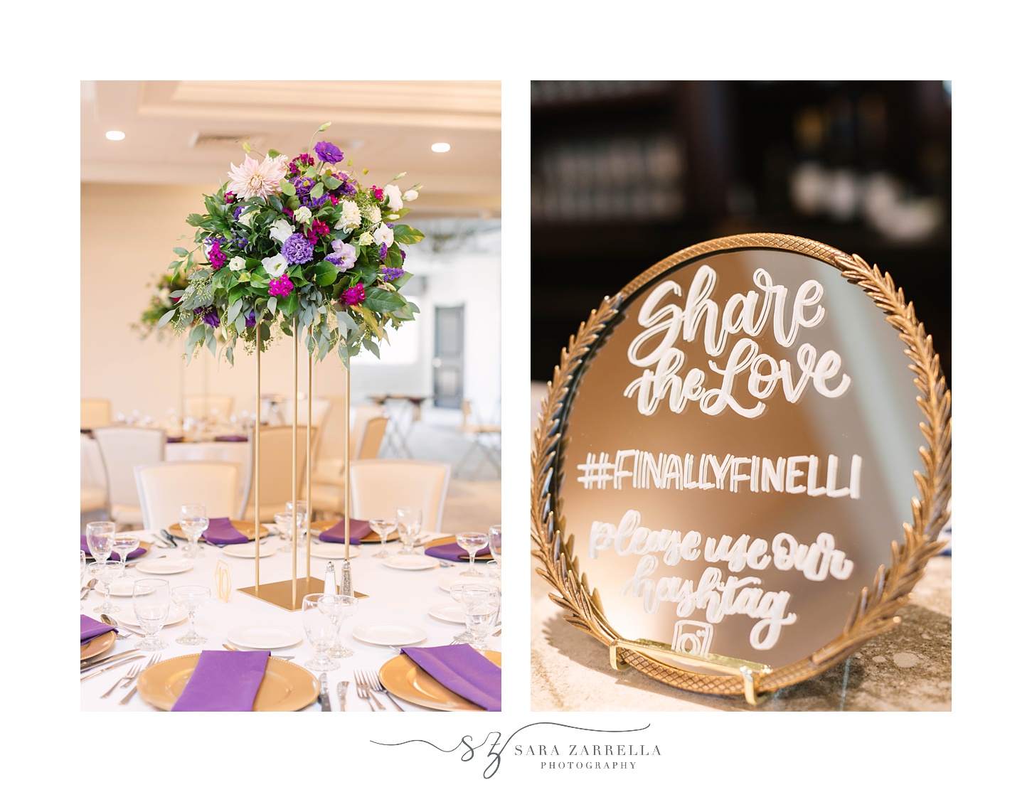 fall wedding reception at Quidnessett Country Club with purple and gold details