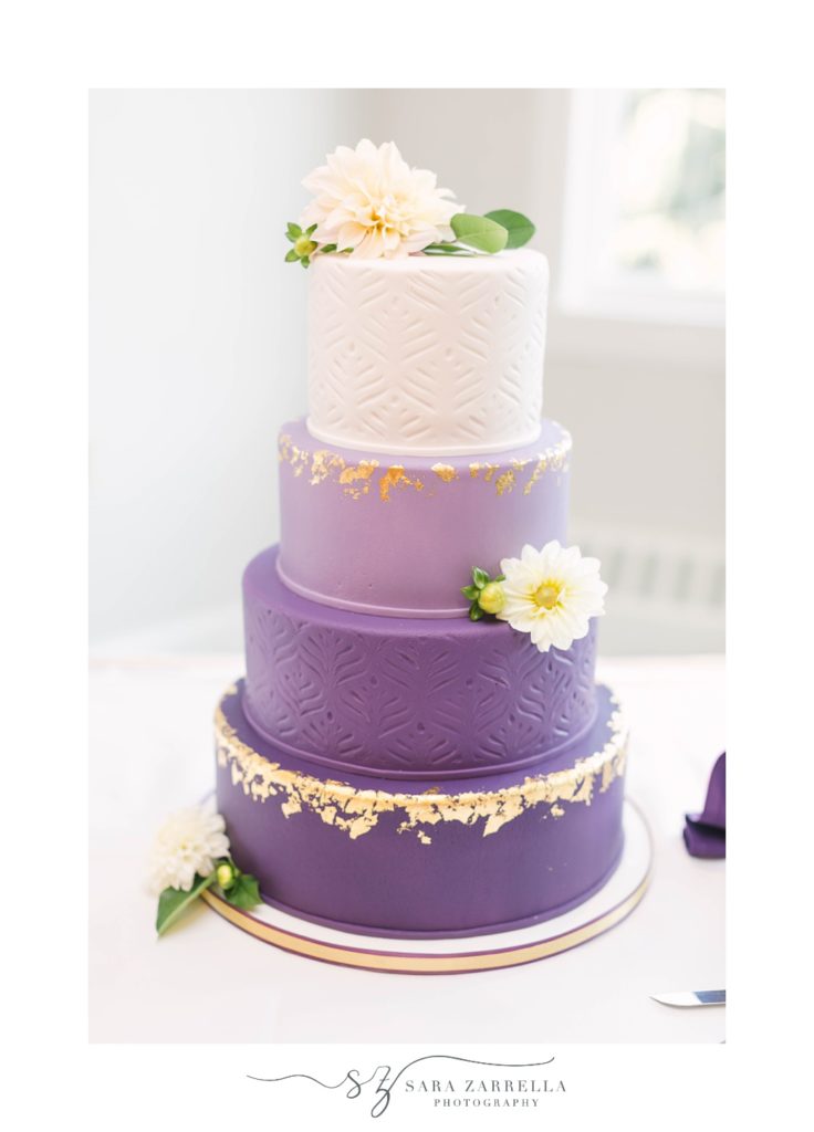 tiered wedding cake with purple icing