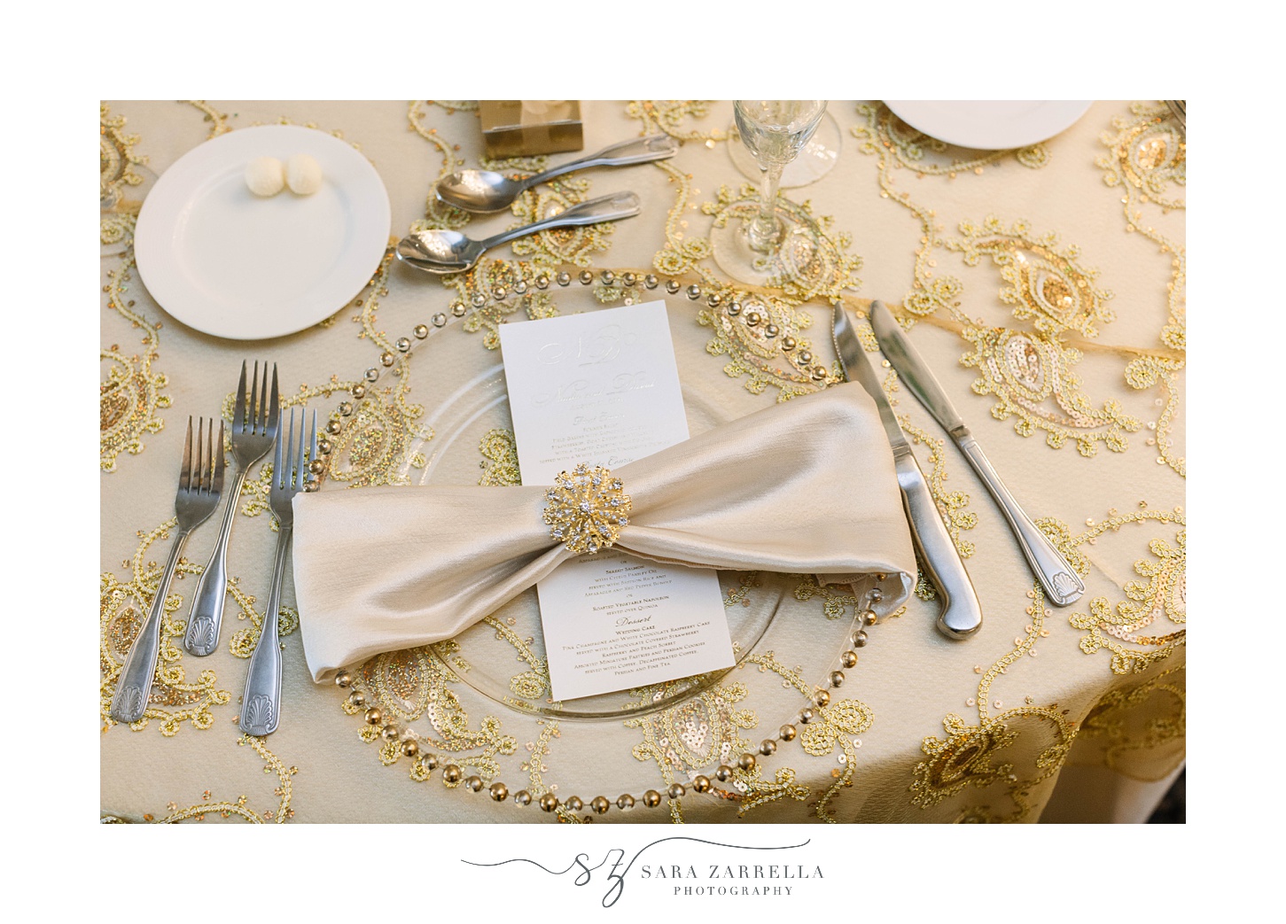 place setting with gold rimmed plate for Lincoln RI wedding reception