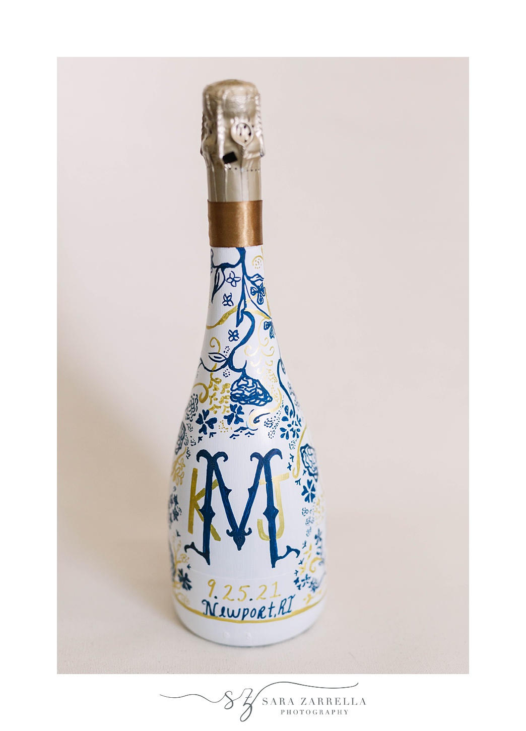 wine bottle with custom monogram before RI wedding