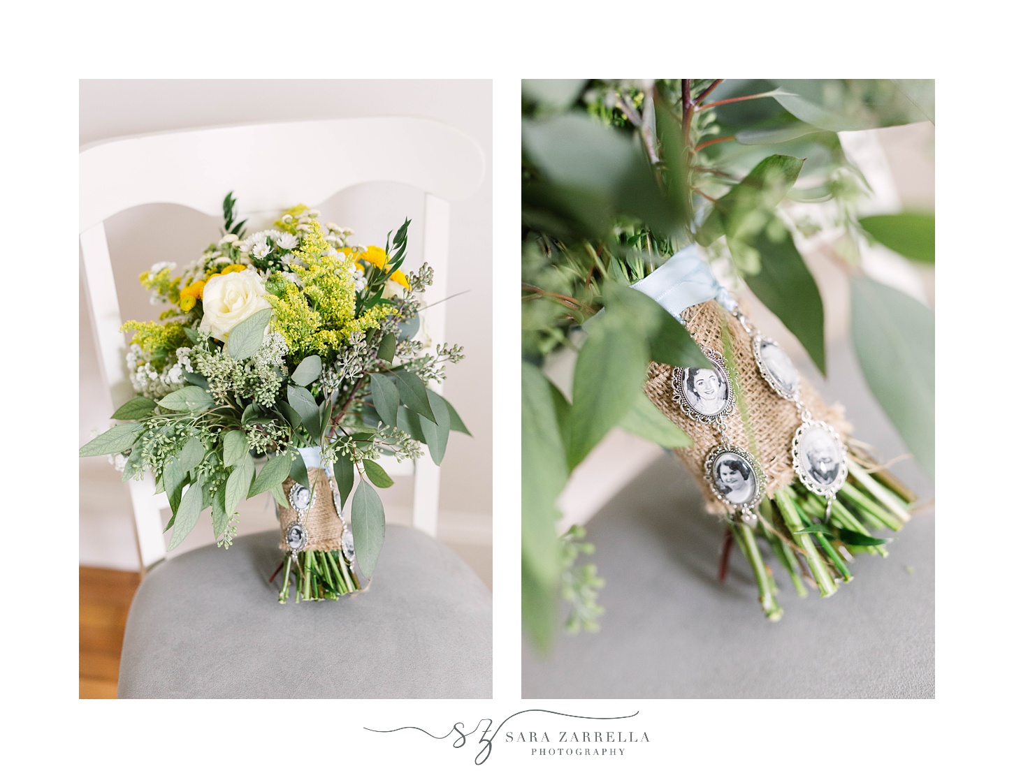 bride's yellow and green bouquet with memory charms for RI wedding day