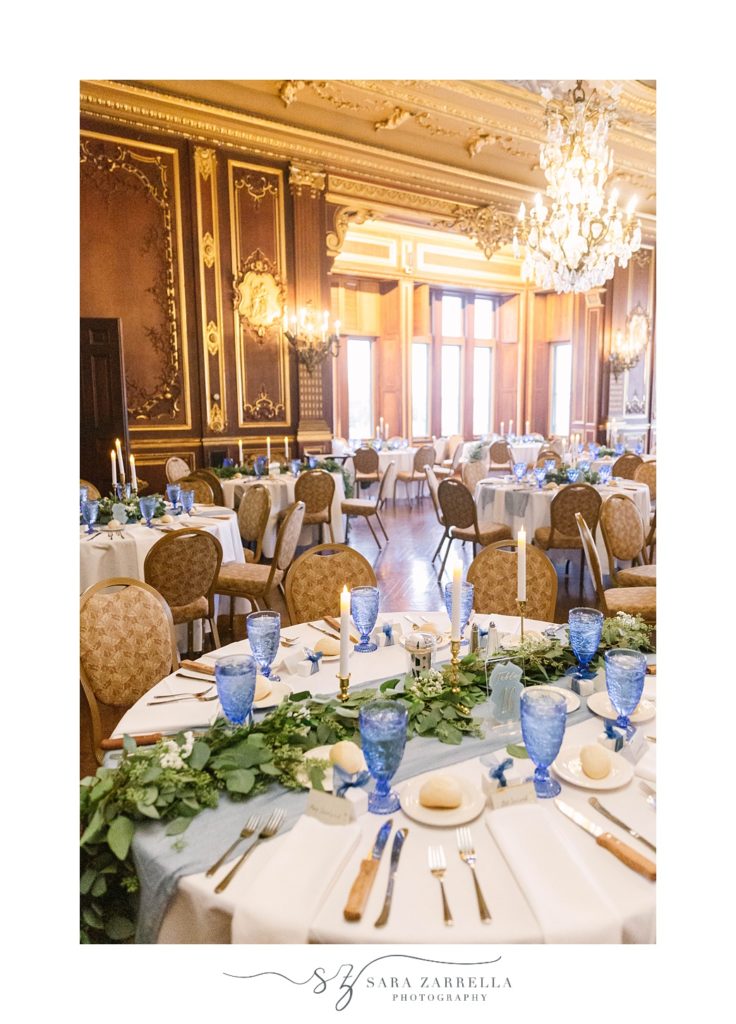 wedding reception with vintage blue glasses at Ochre Court