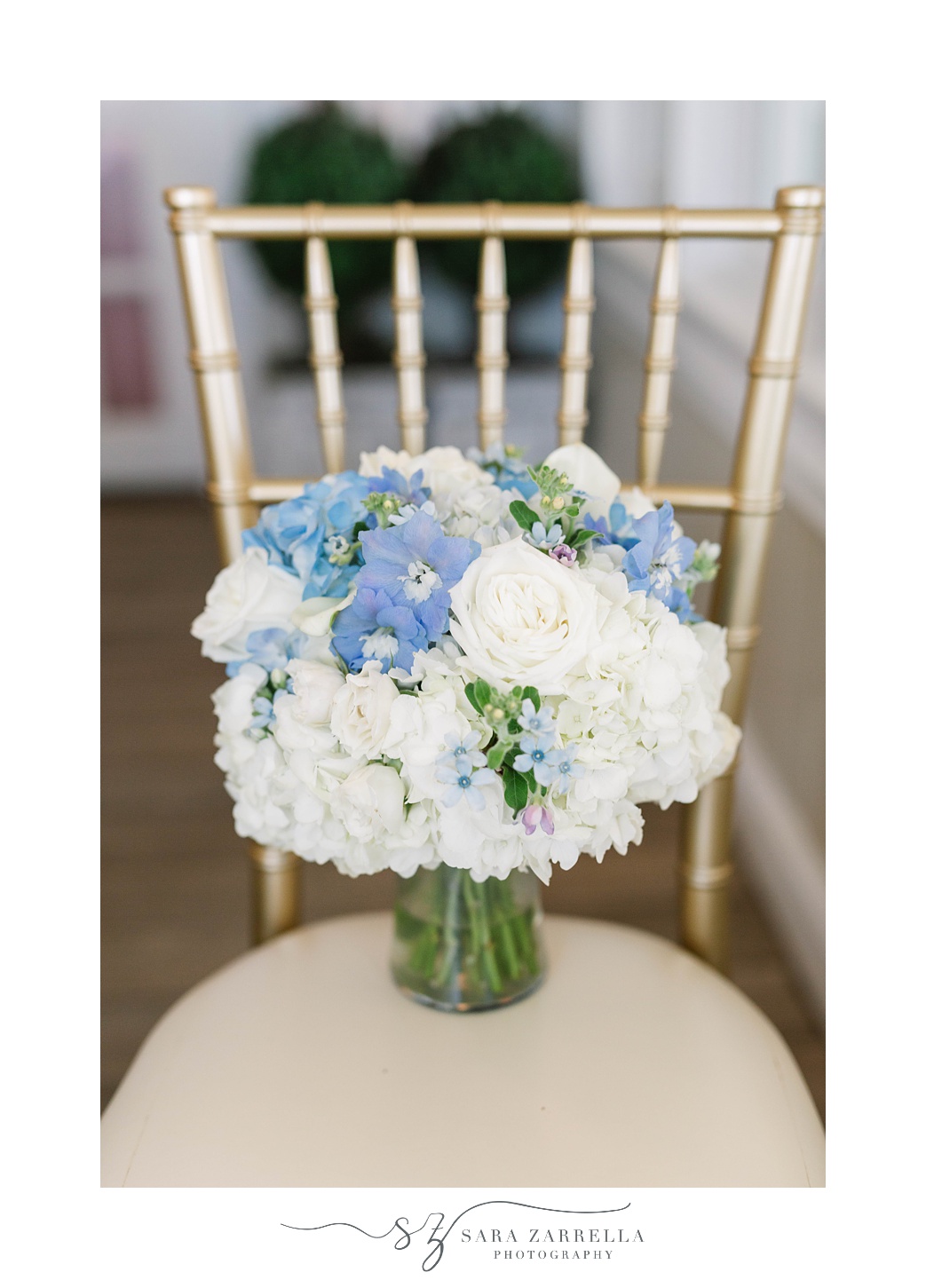 bride's blue and white bouquet for RI wedding day