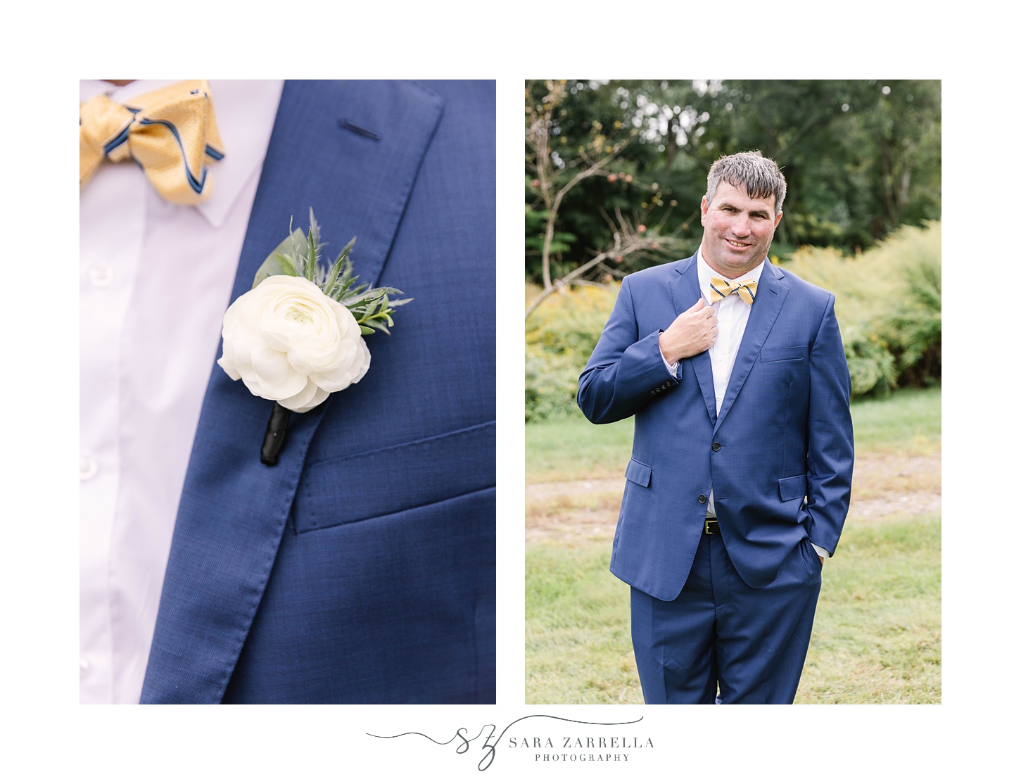 groom's navy suit and white boutonniere 