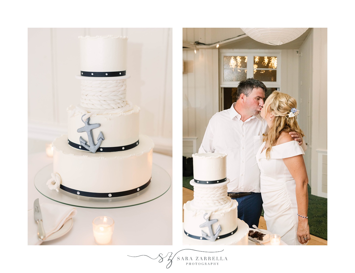 bride and groom kiss by nautical inspired cake