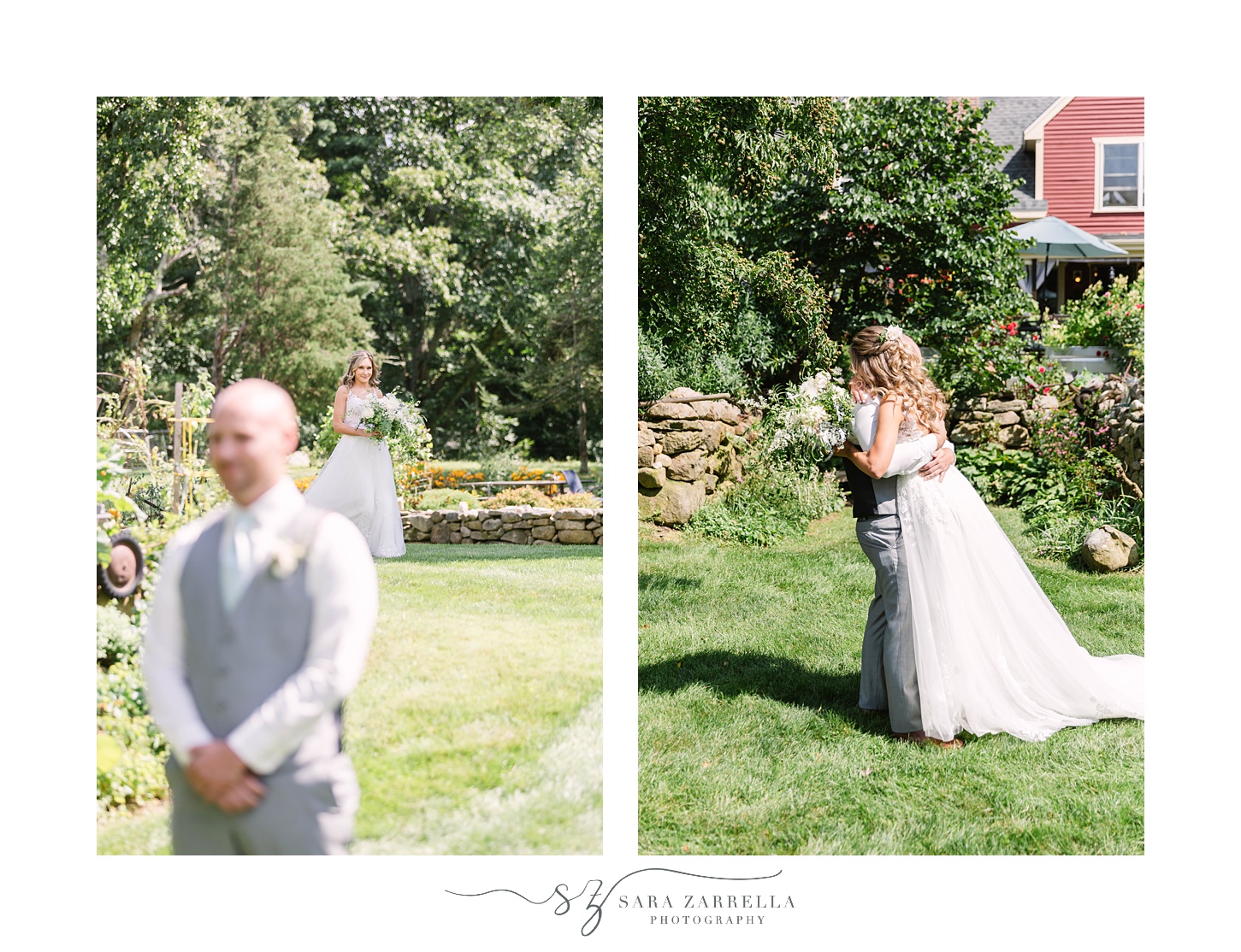 bride approaches groom for first look on Rhode Island farm