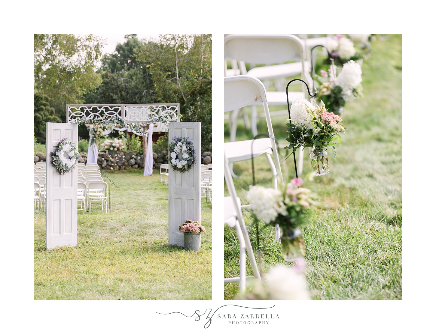 floral details and seats for whimsical garden wedding on Rhode Island farm