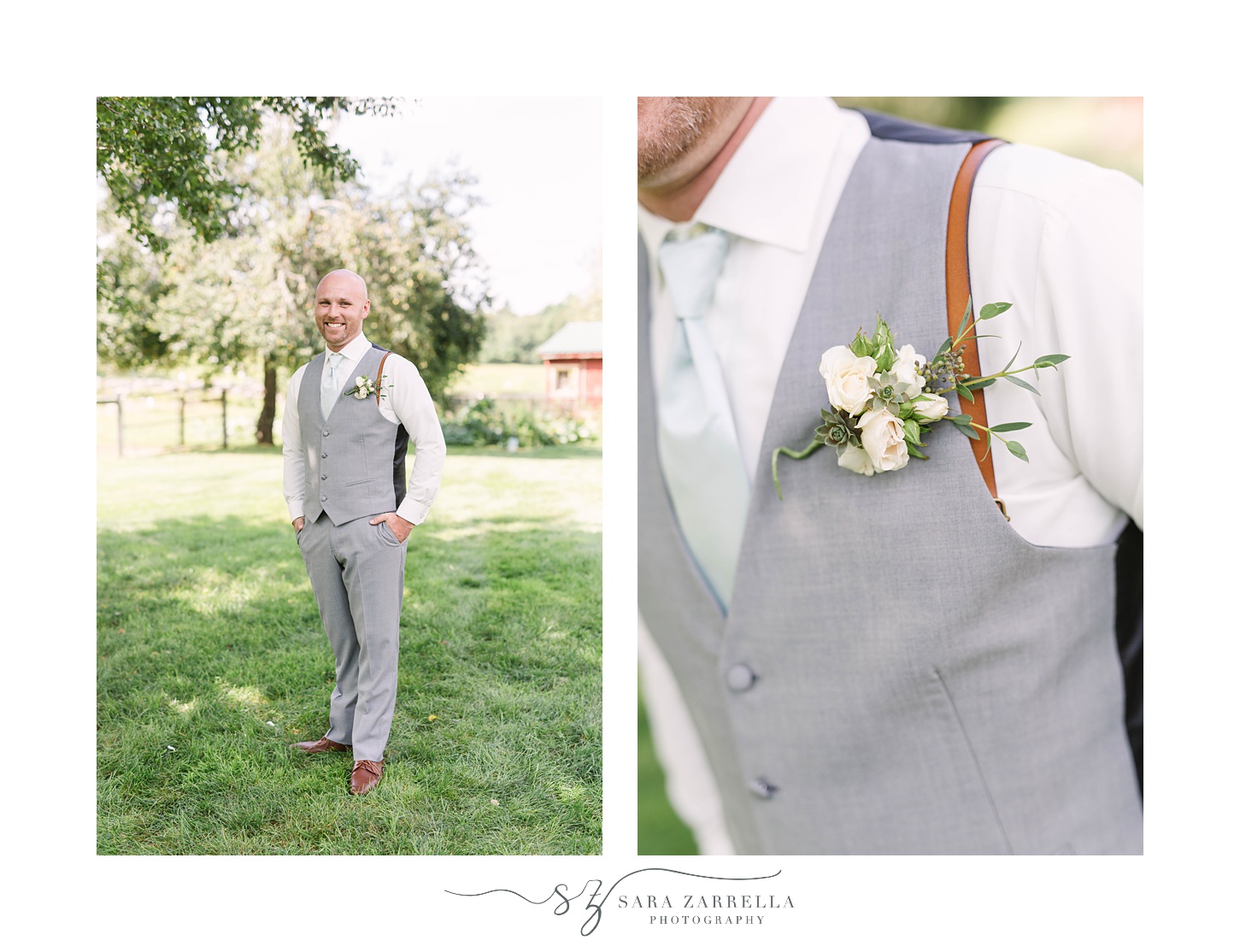 groom stands in grey vest during Rhode Island wedding day