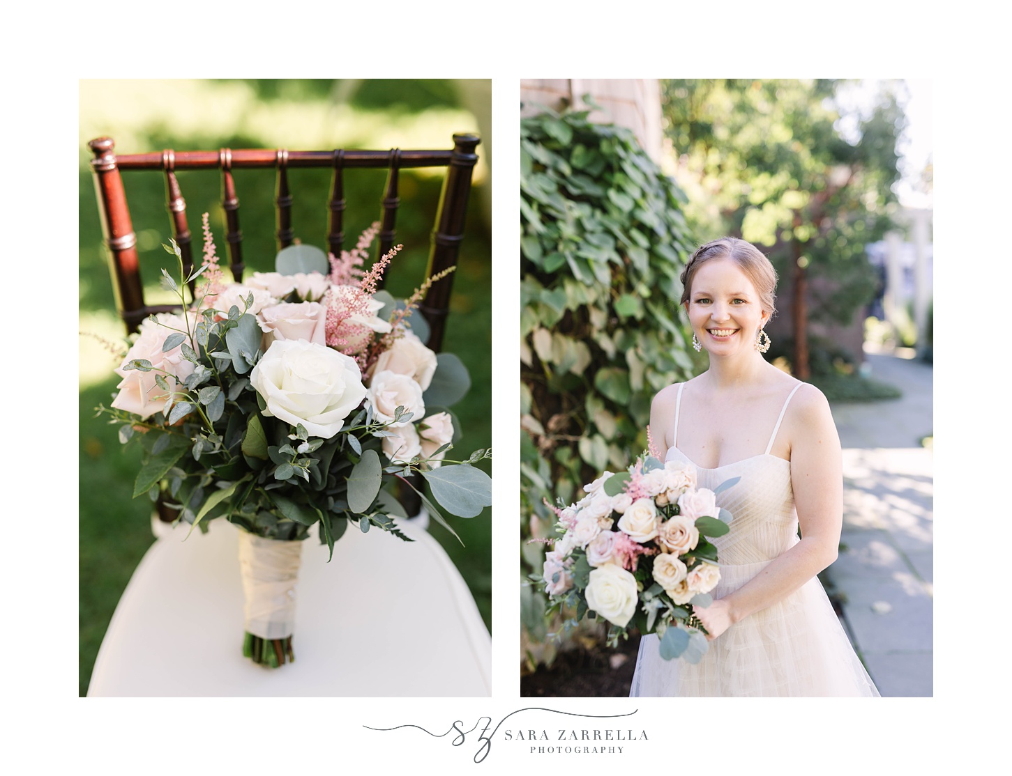 bride holds bouquet of pink and white flowers