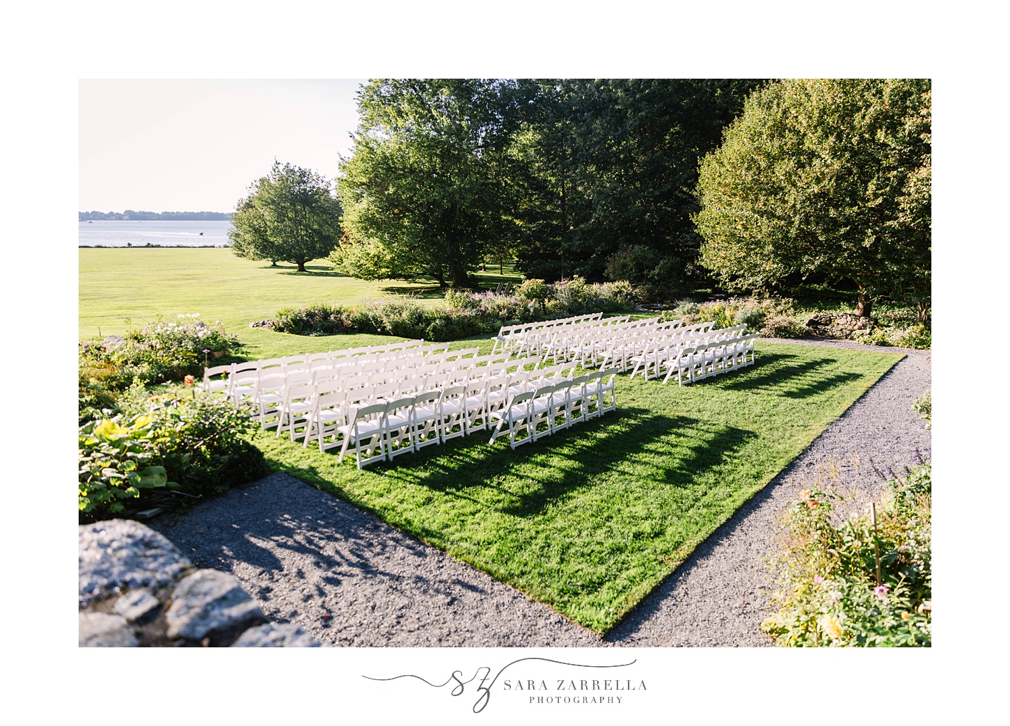 chairs for outdoor wedding ceremony at Blithewold Mansion