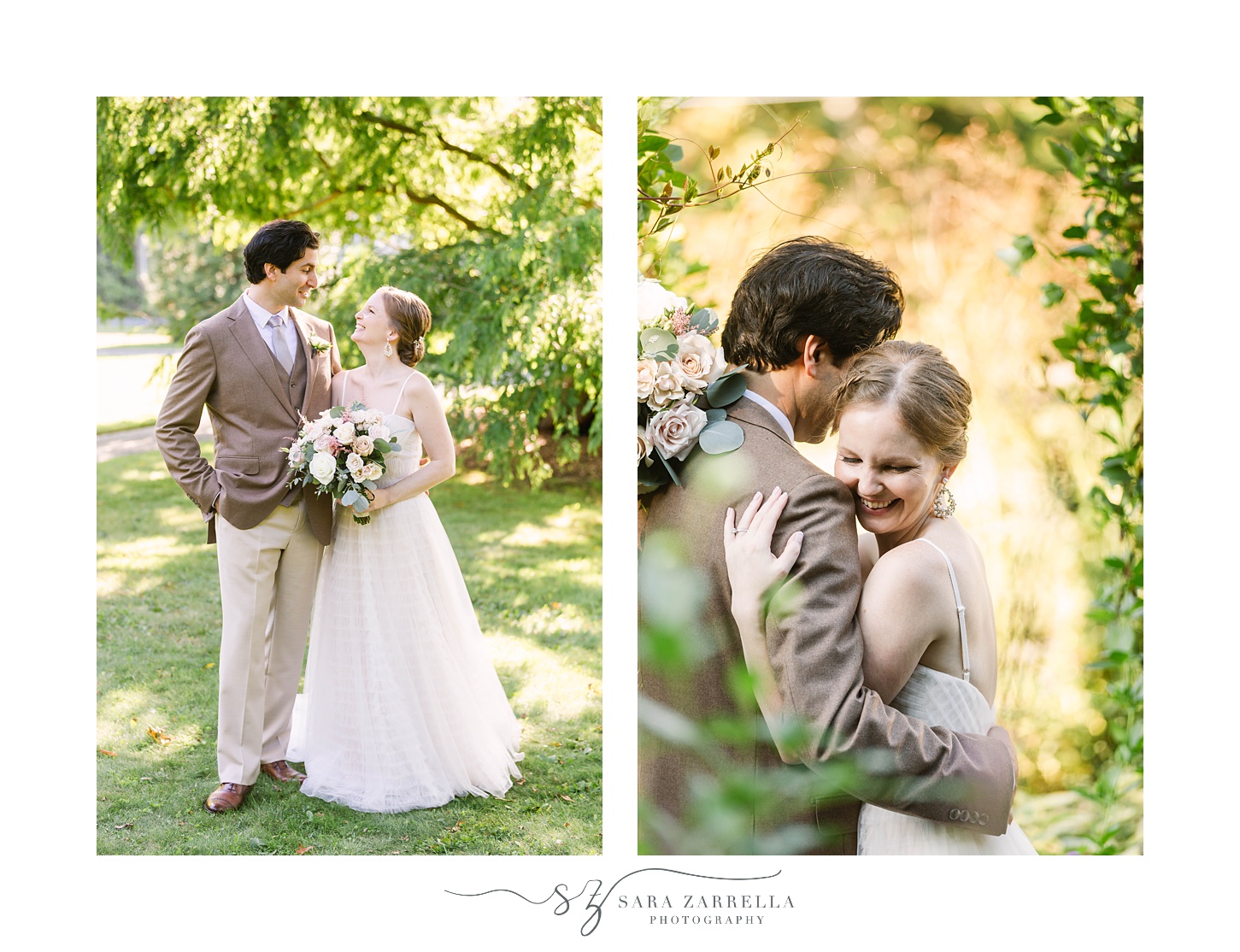 newlyweds hug in gardens at Blithewold Mansion