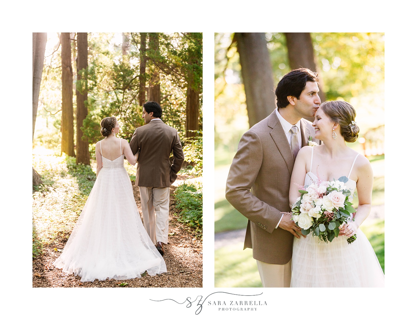 bride and groom hug in woods at Blithewold Mansion