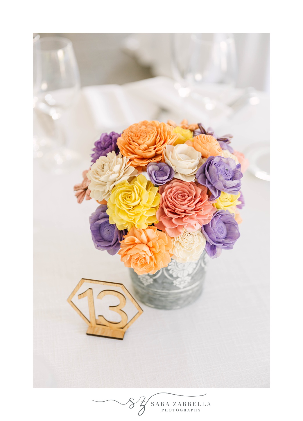 pastel pink, yellow, and purple wedding centerpiece for Blithewold Mansion wedding reception