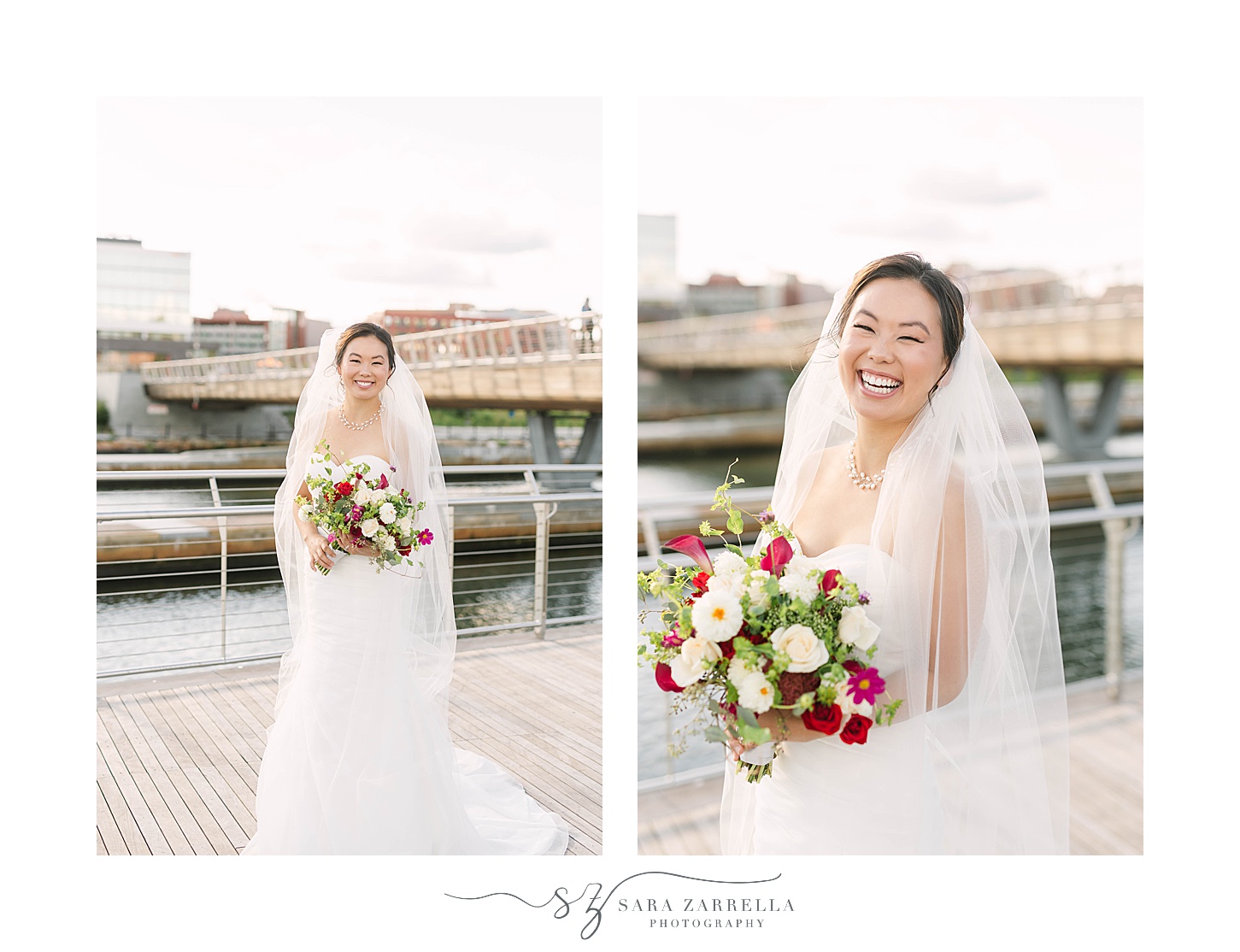 bride stands on Providence bridge holding bouquet of white and red flowers 