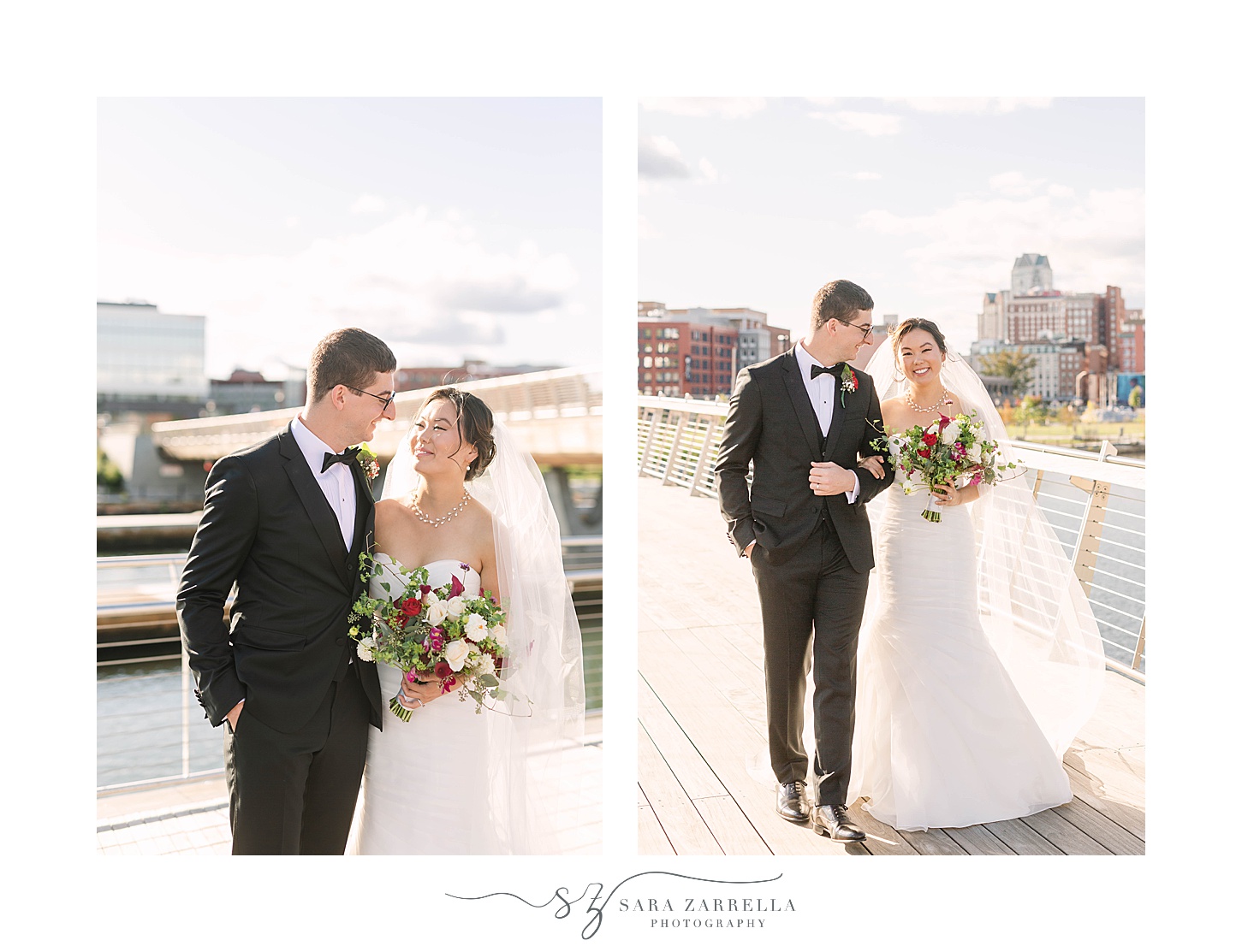 bride and groom walk on pedestrian bridge after Downtown Providence wedding ceremony 