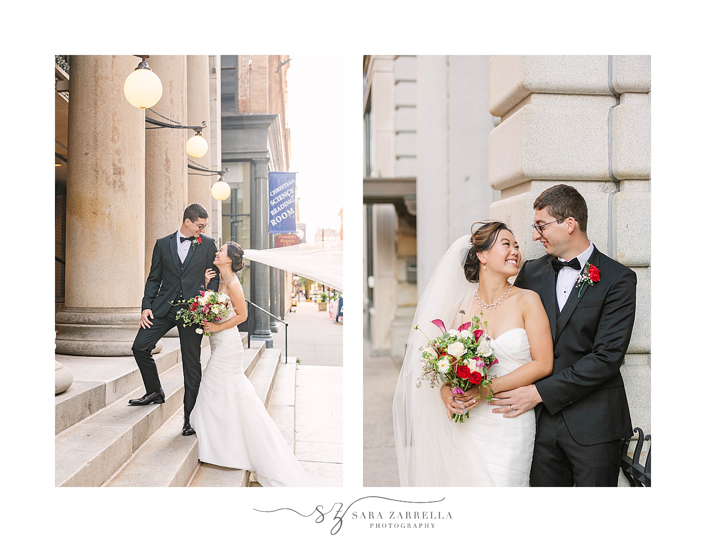 bride and groom walk up steps during Downtown Providence photos