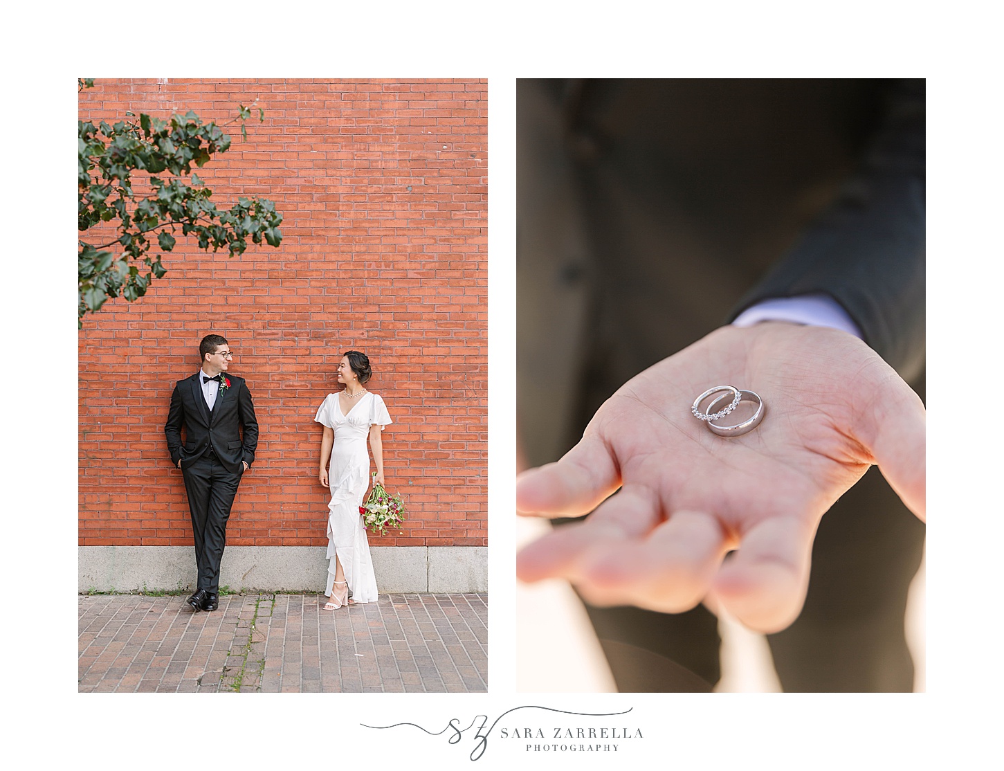 bride and groom pose by brick wall in Rhode Island 