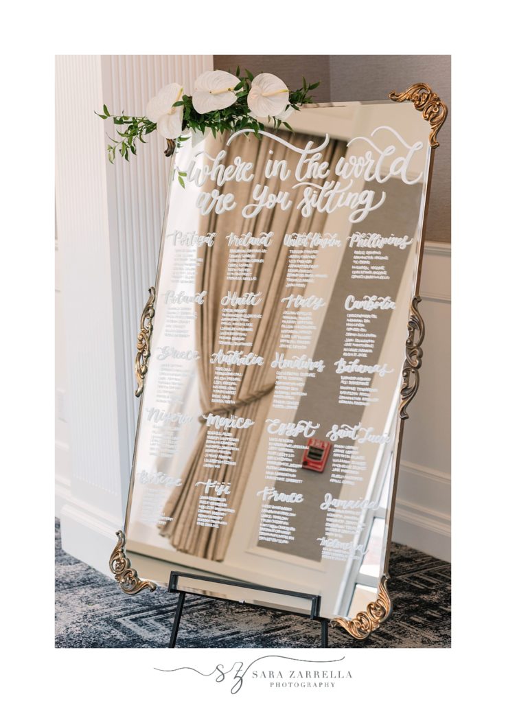 glass seating chart for RI wedding reception 