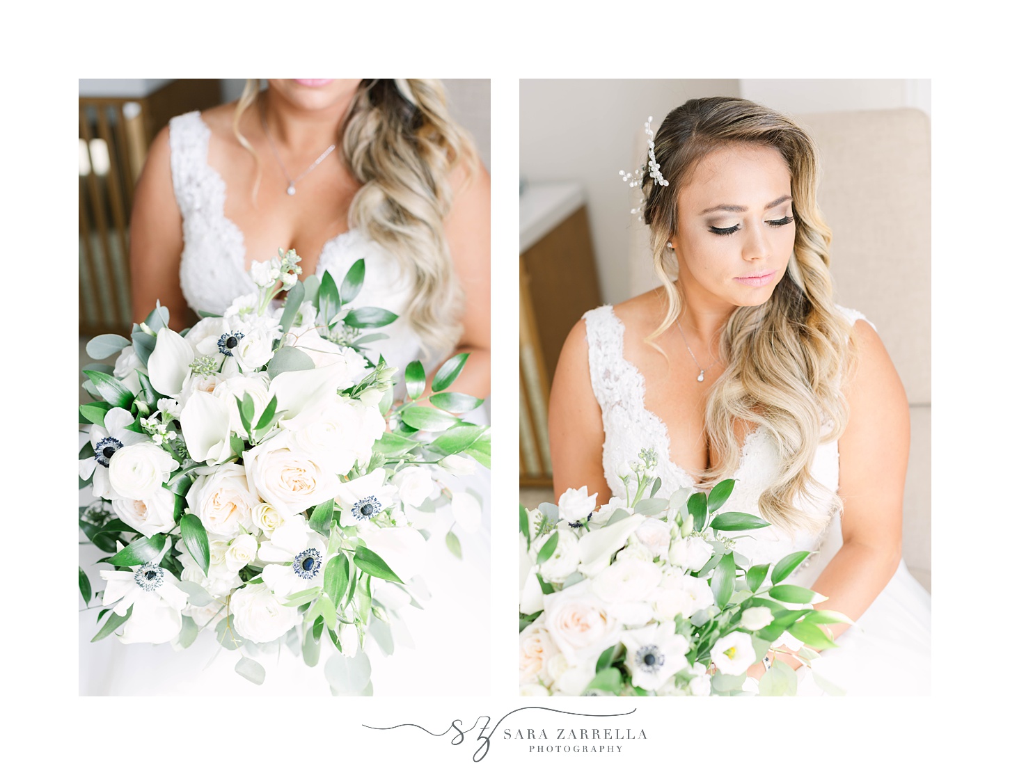 bride sits with bouquet of white flowers during photos before wedding day