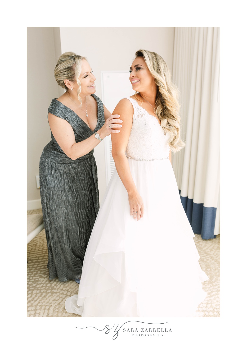 mom and bride prepare for Newport Navy Officers’ Club wedding