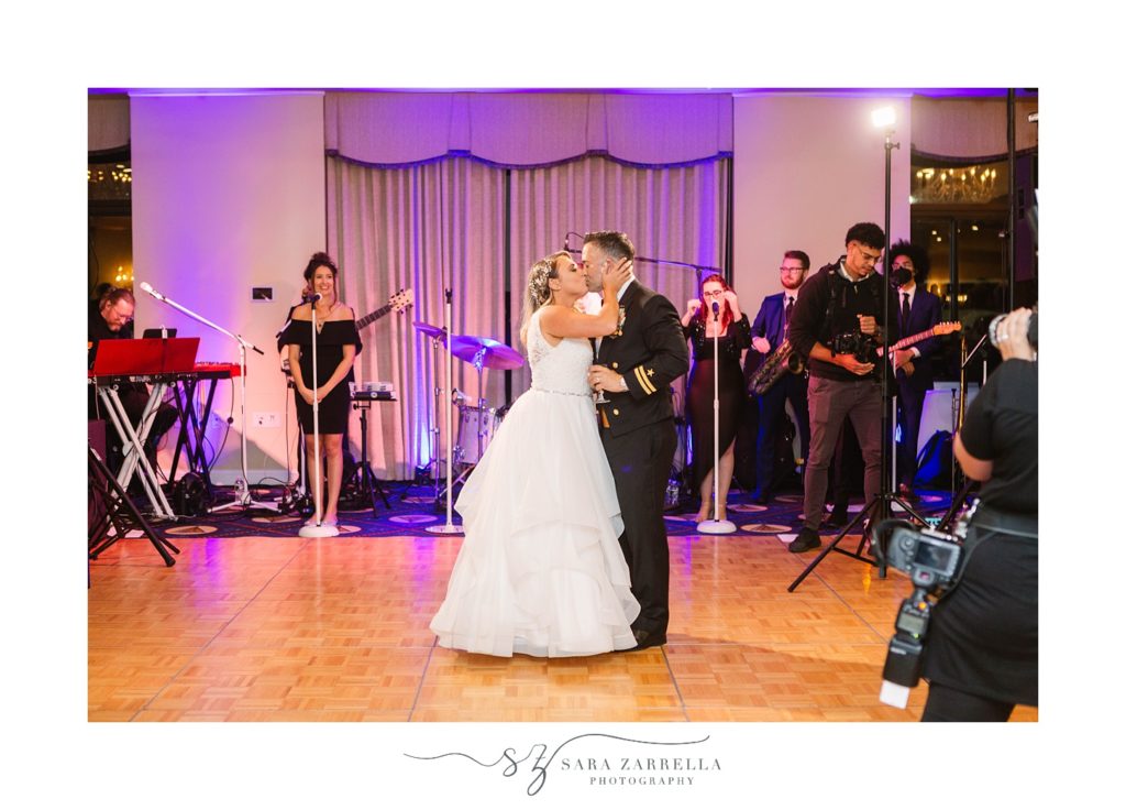 bride and groom kiss on dance floor in Newport RI