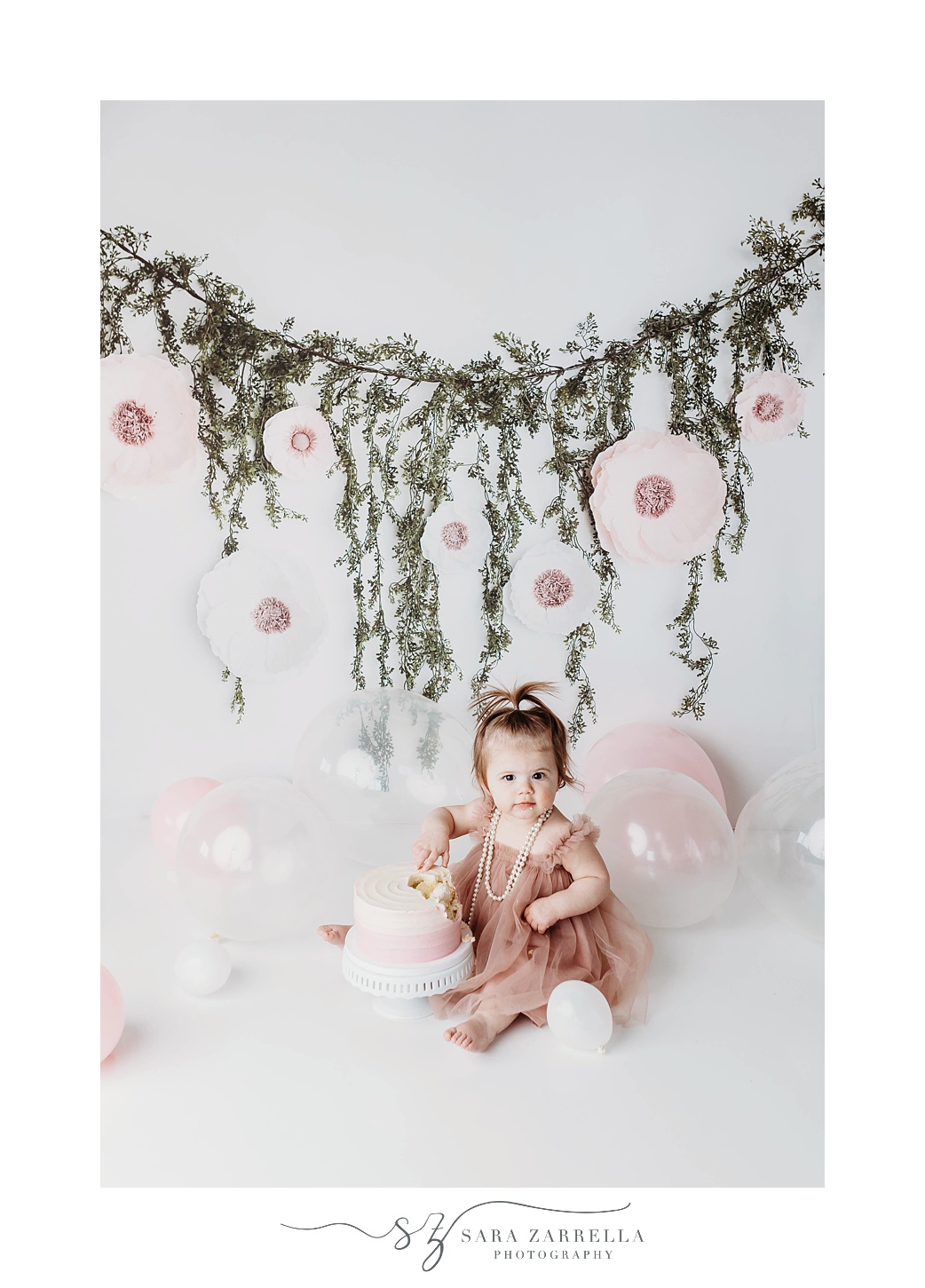 Pastel Pink and White Cake Smash with boho inspiration for baby girl