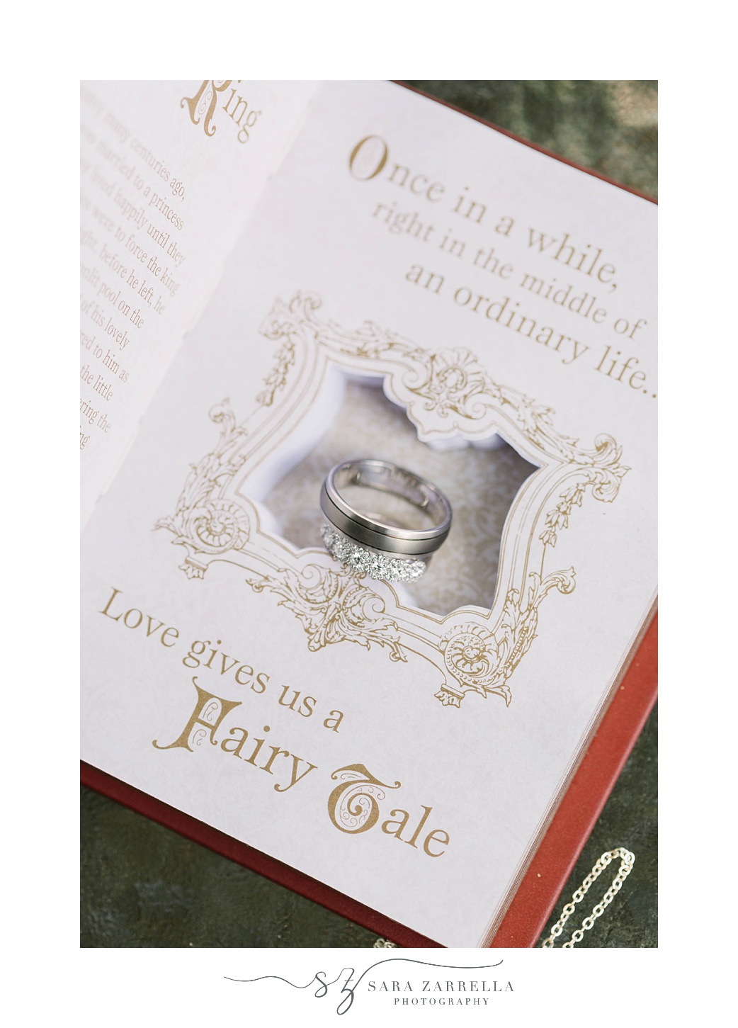 wedding ring rests in fairytale book