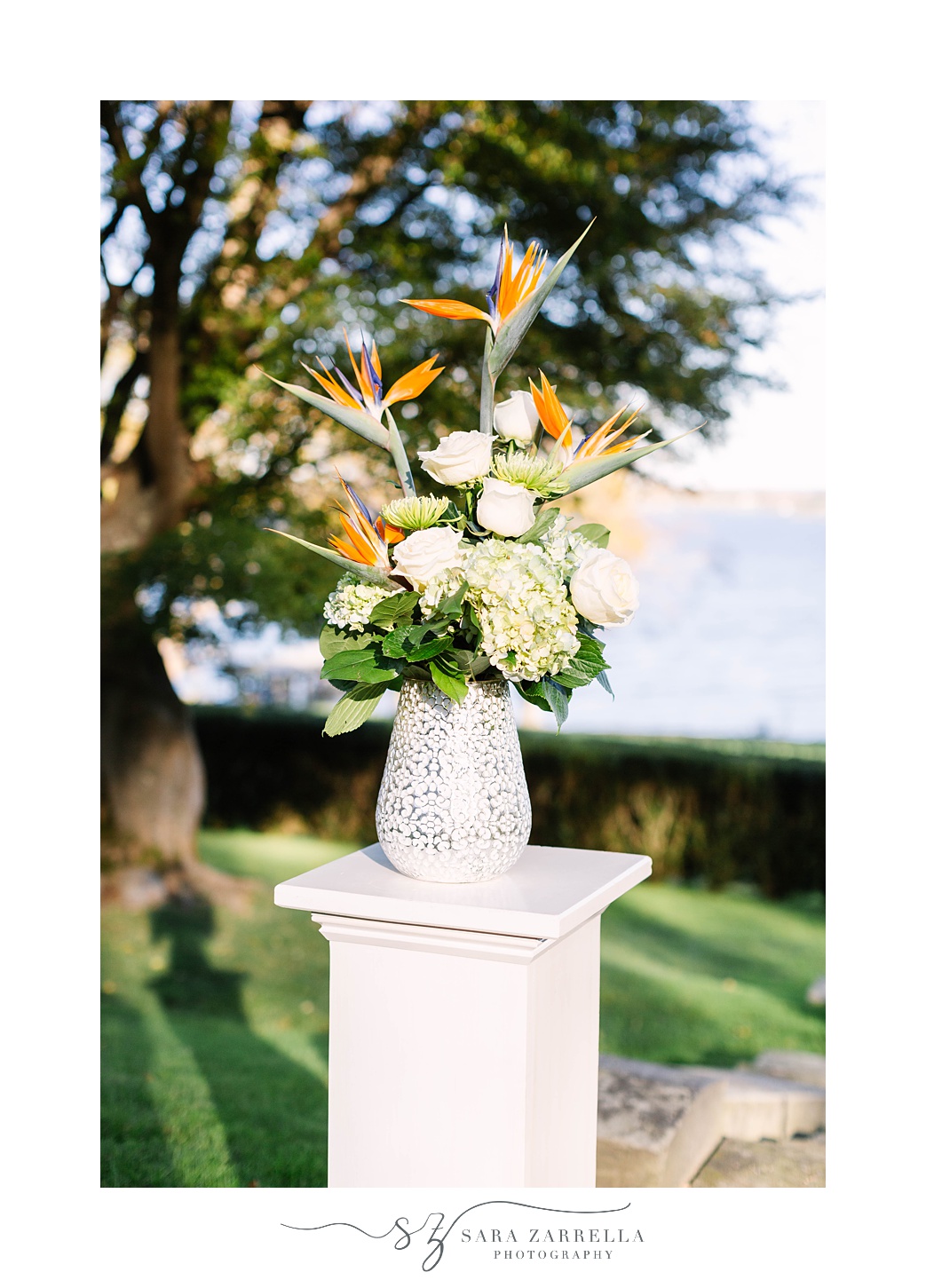 floral centerpieces for aisle at Glen Manor House with birds of paradise 
