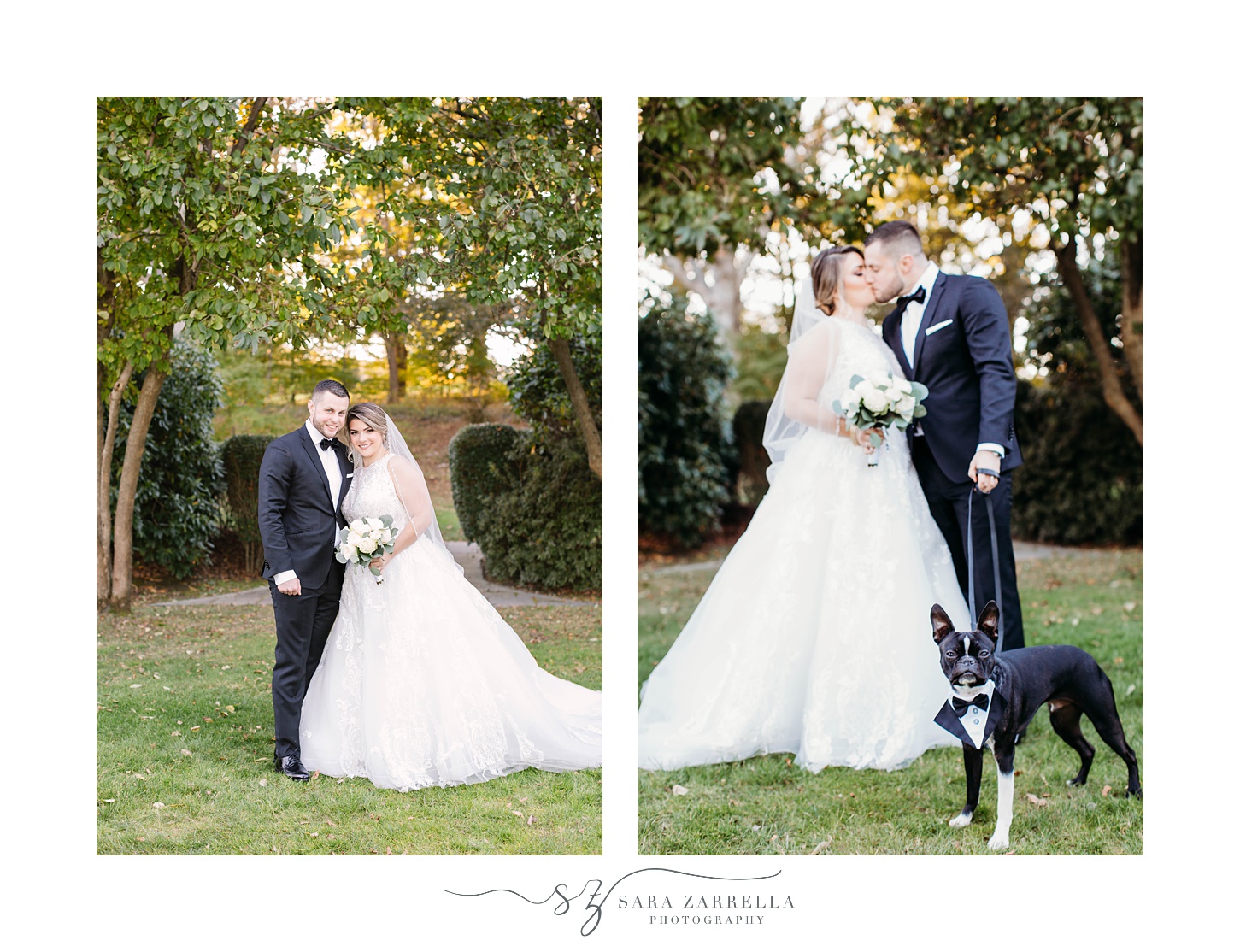 Rhode Island wedding portraits for bride and groom with dog