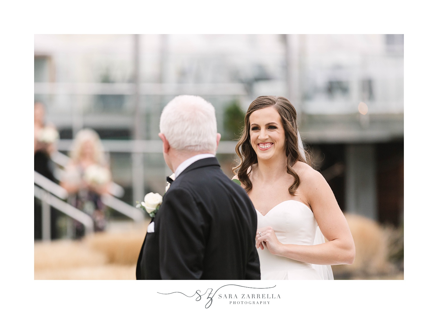 dad and bride have first look before New Year’s Eve Belle Mer wedding