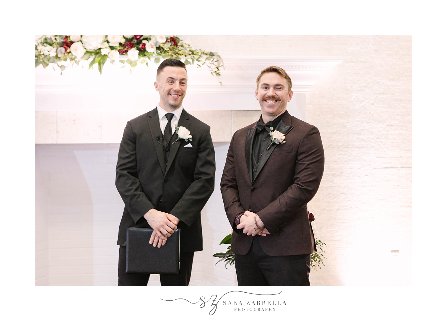 groom watches bride walk down aisle with officiant 
