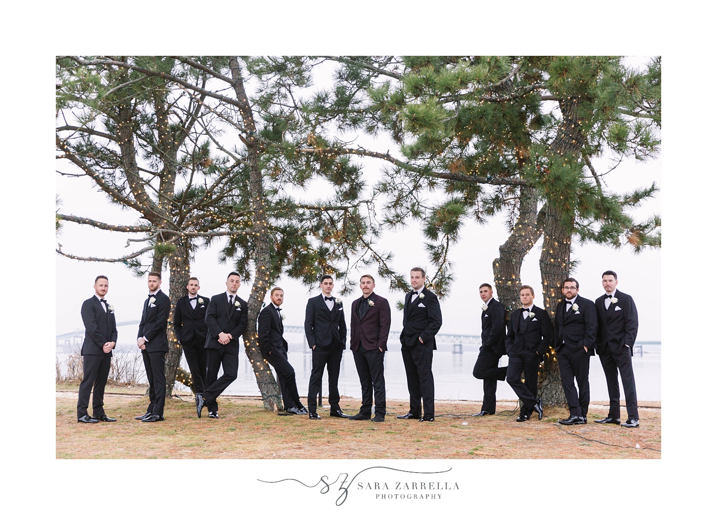 groom and groomsmen pose by trees with Christmas lights
