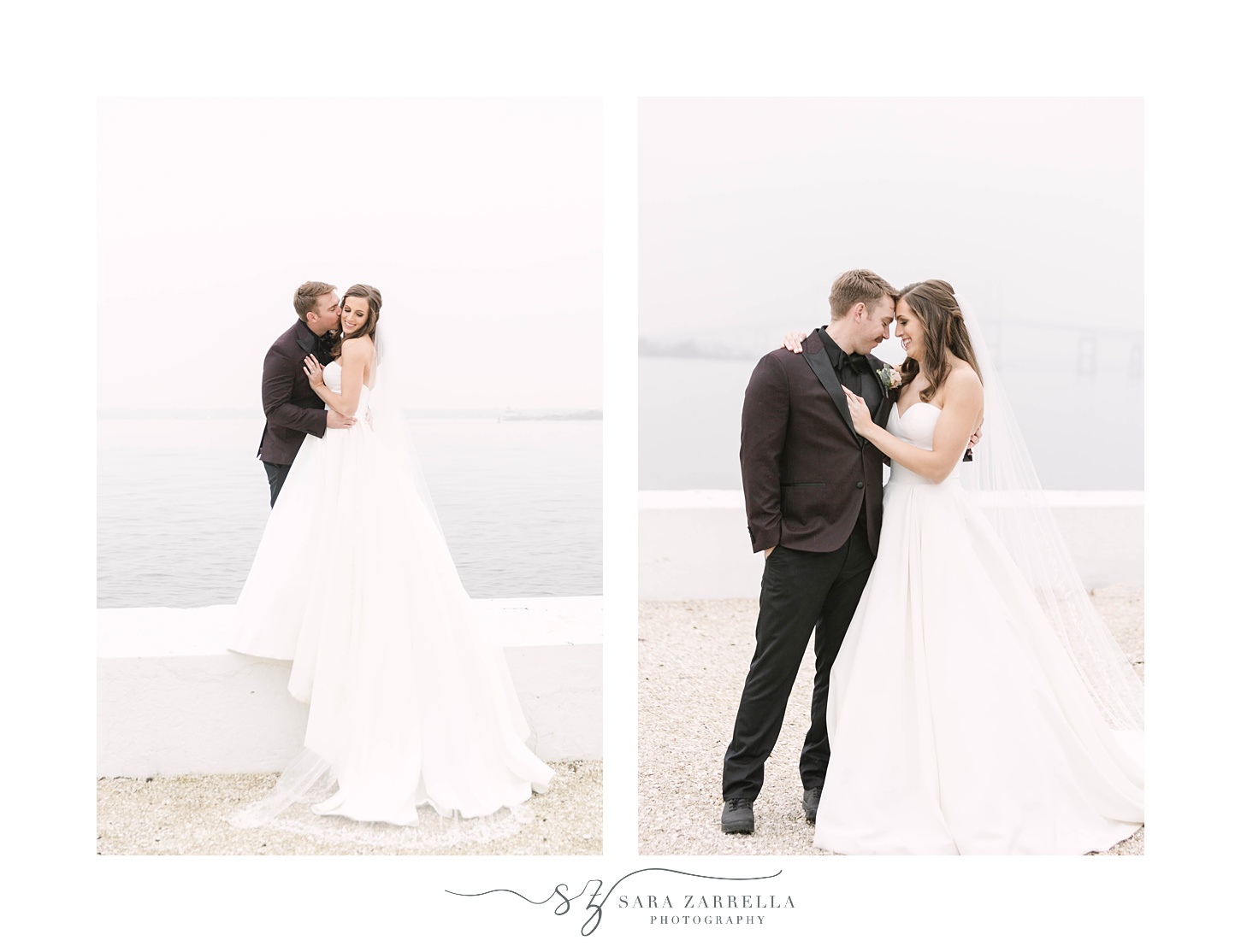 winter wedding portraits for bride and groom along water