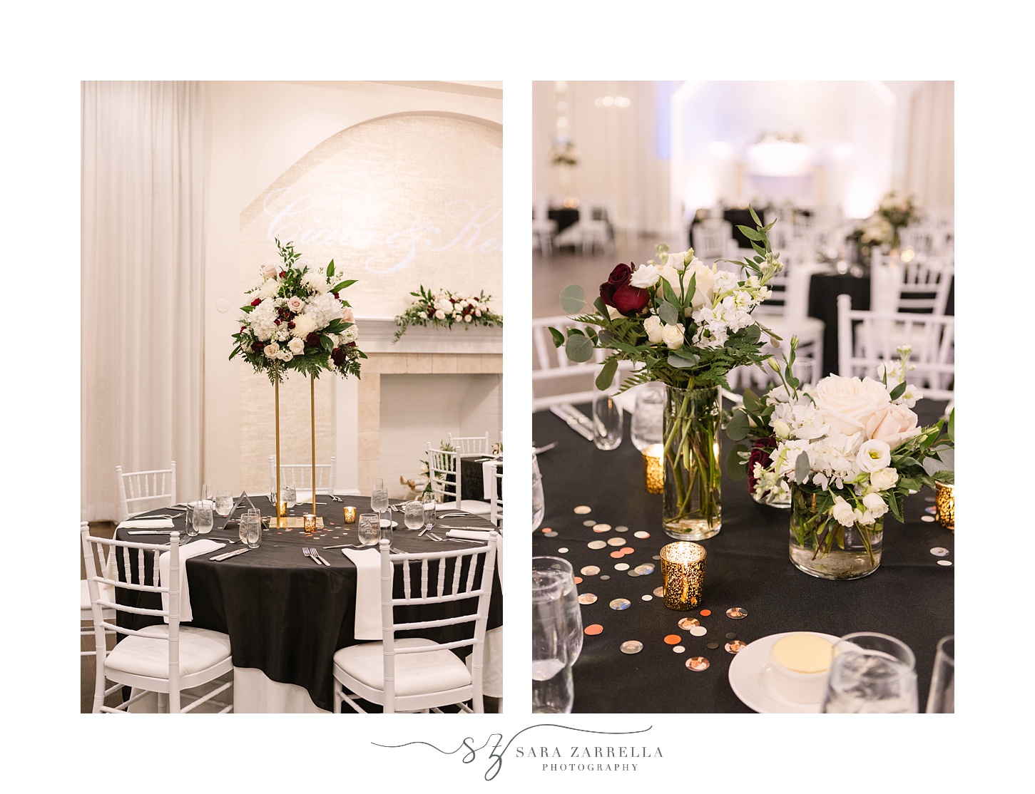 New Year’s Eve Belle Mer wedding reception with black and gold details 
