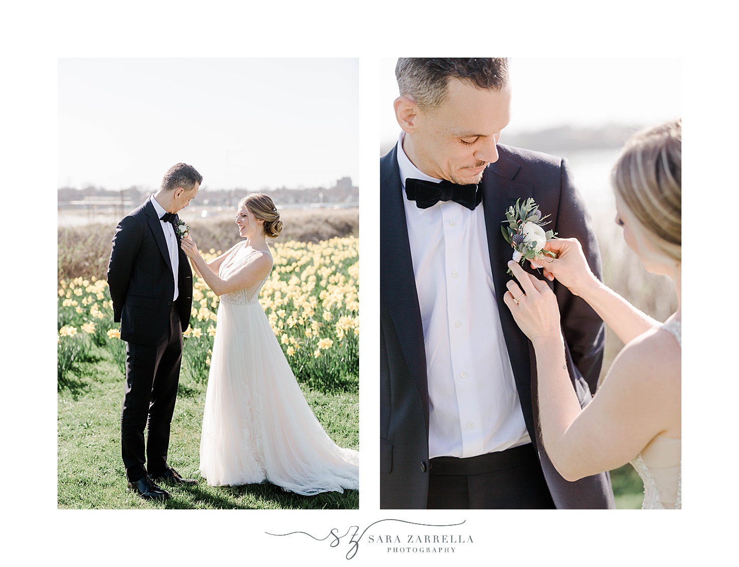 bride pins groom's boutonnière in field of daffodils  