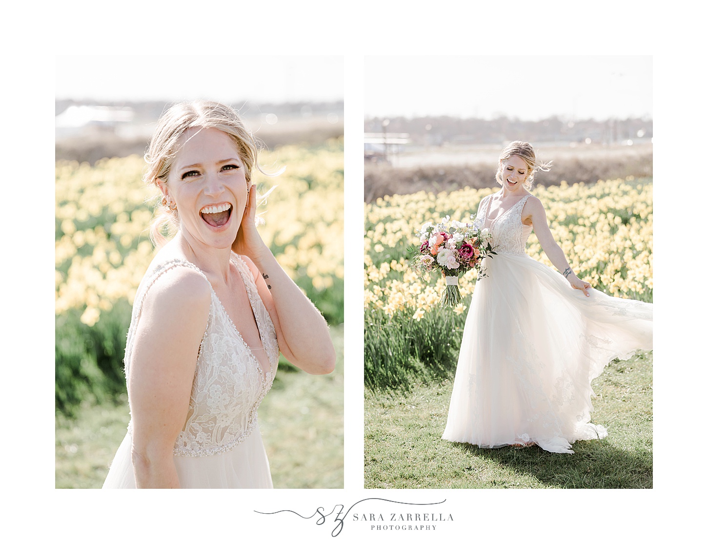bride laughs and spins in gown in daffodil field