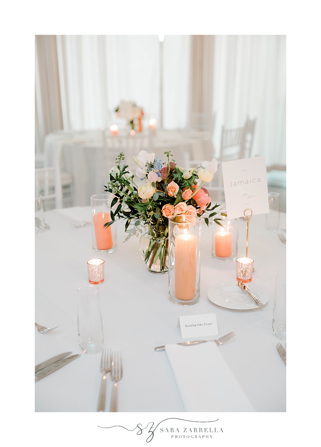 centerpieces with white and pink flowers at Newport Beach House