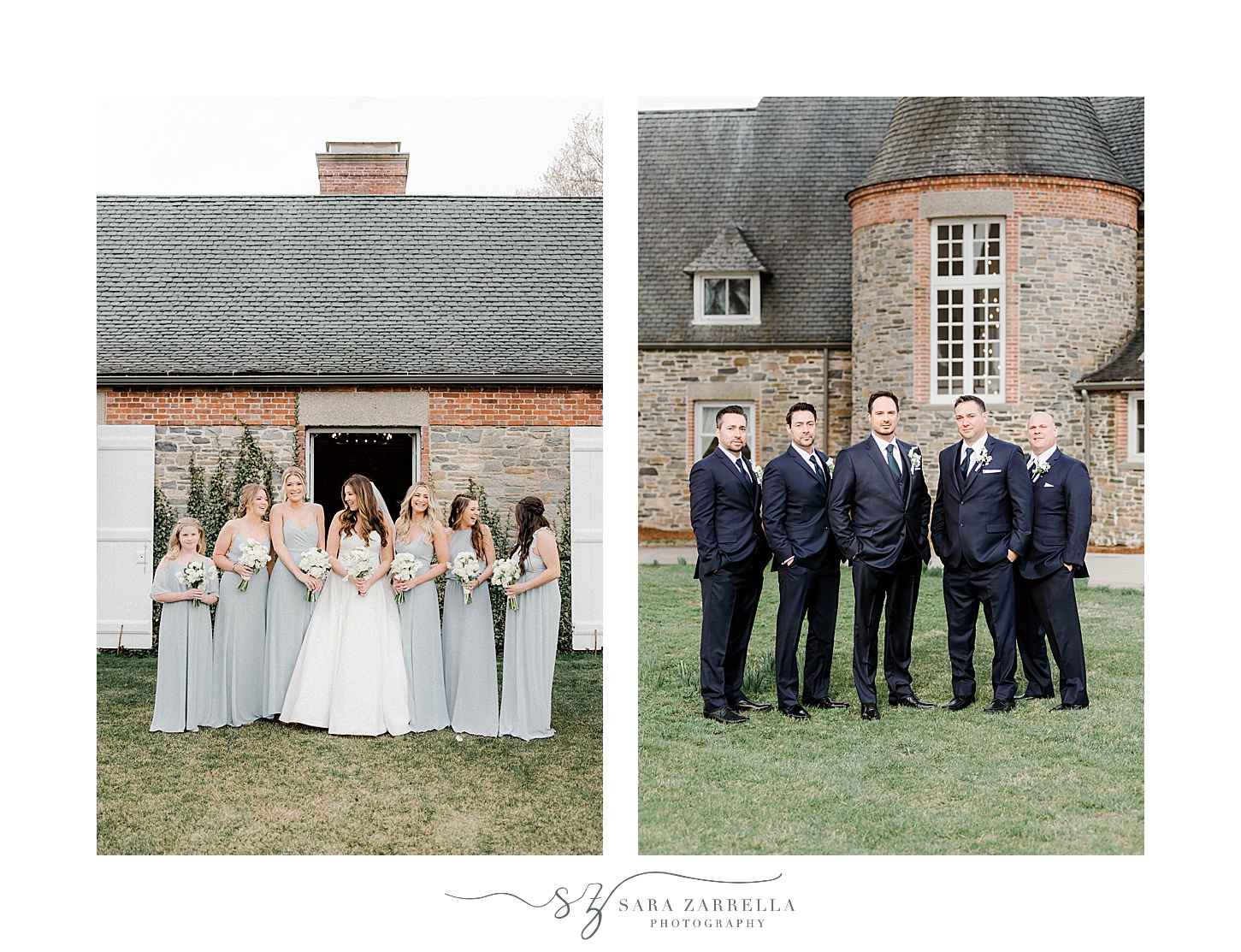 bridal party portraits by stone building of Shepard's Run