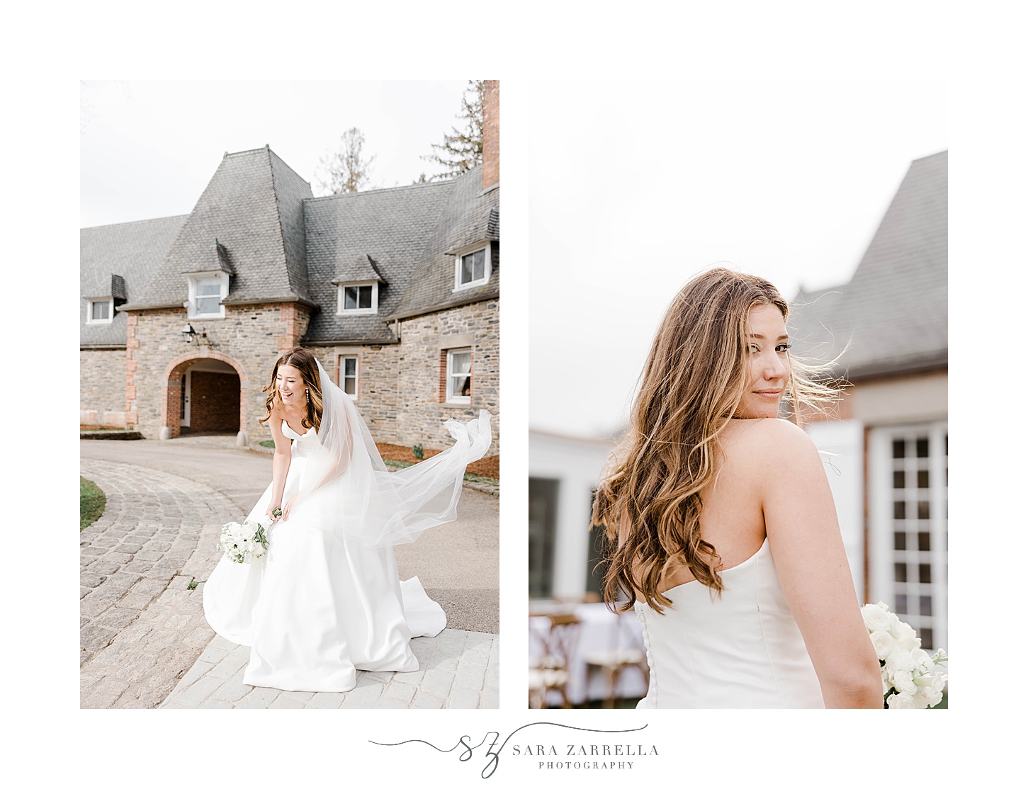 bride laughs and looks over shoulder during portraits at Shepard's Run