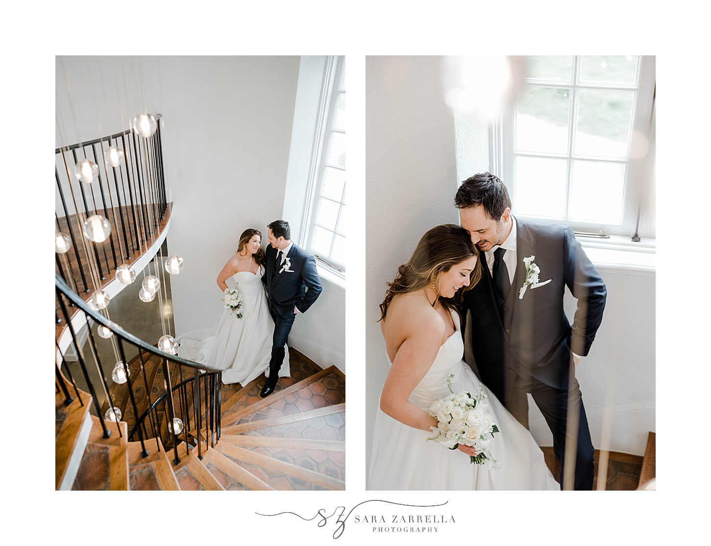 bride and groom pose on staircase with hanging lights