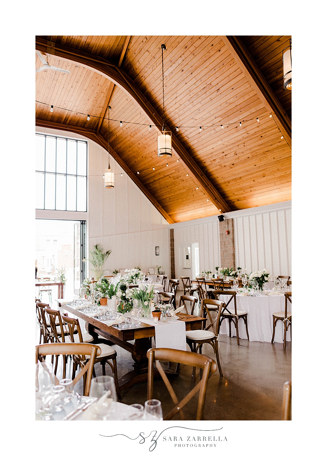 Shepard's Run wedding reception with long wooden tables