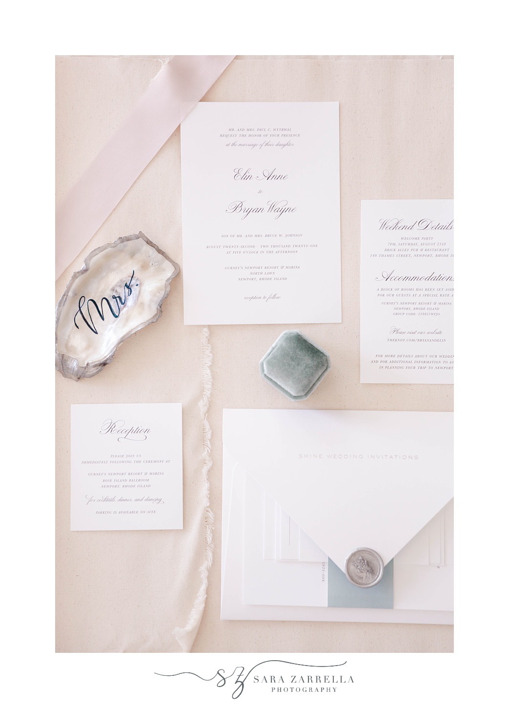pink and white invitation suite for Gurney's Resort wedding