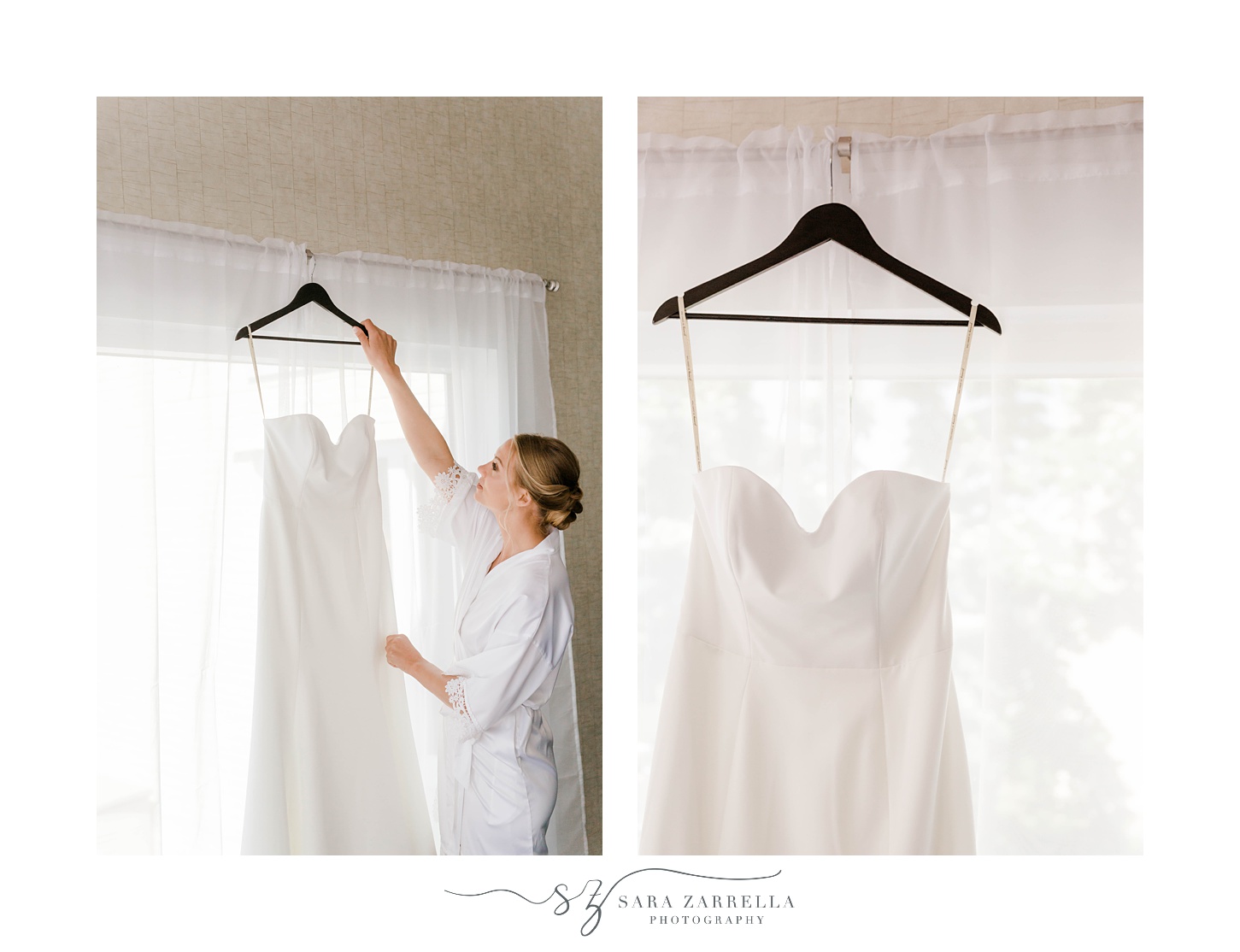 bride looks at wedding dress on hanger at Gurney's Resort