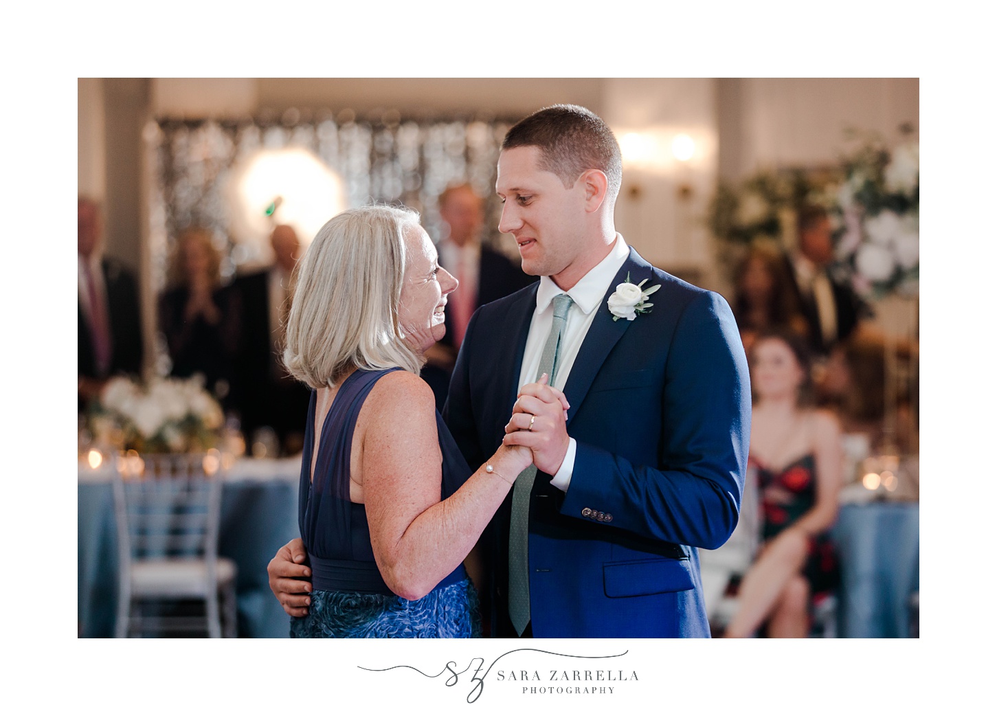 groom and mom dance during RI wedding reception 