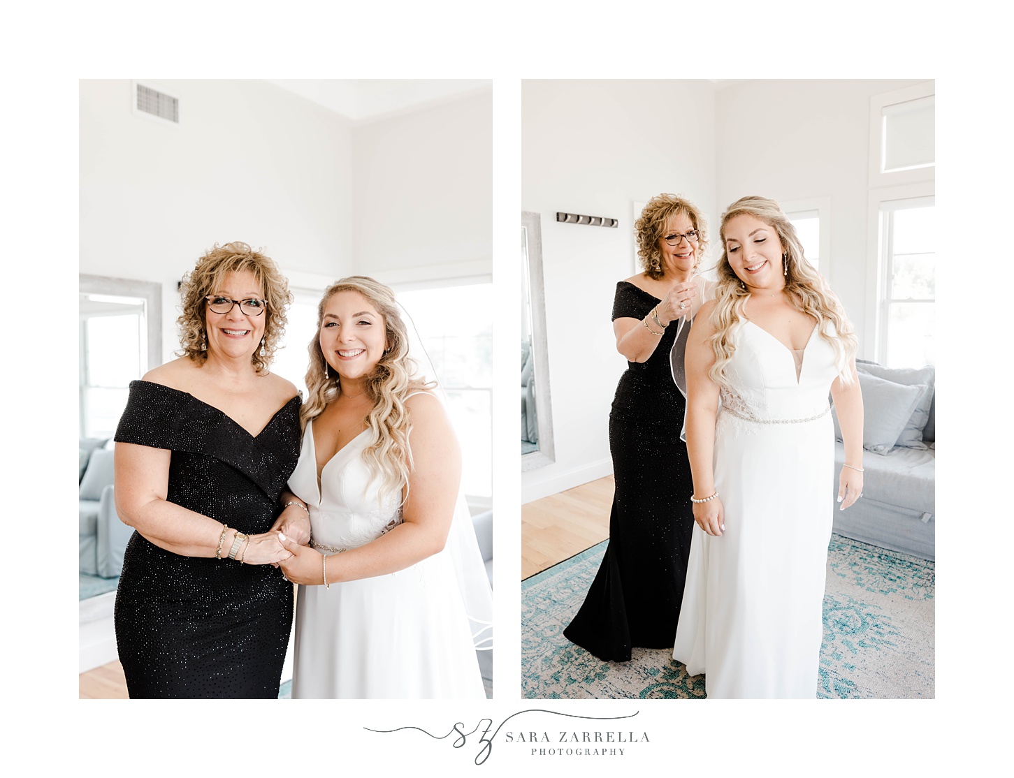 bride stands with mom in black dress