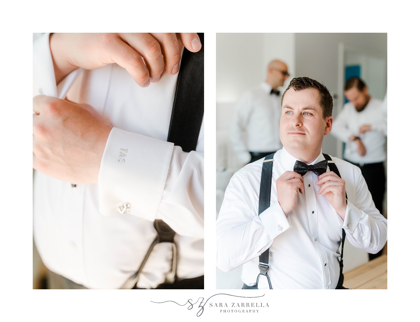 groom adjusts tie and cufflinks