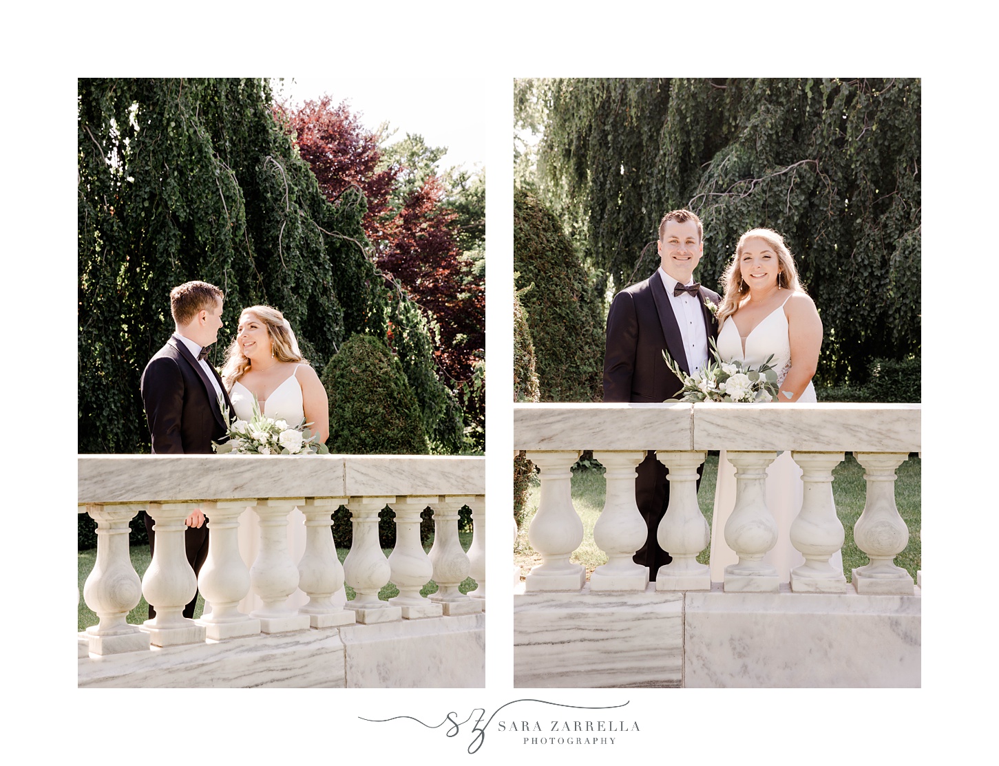 newlyweds stand on stone patio of The Elms